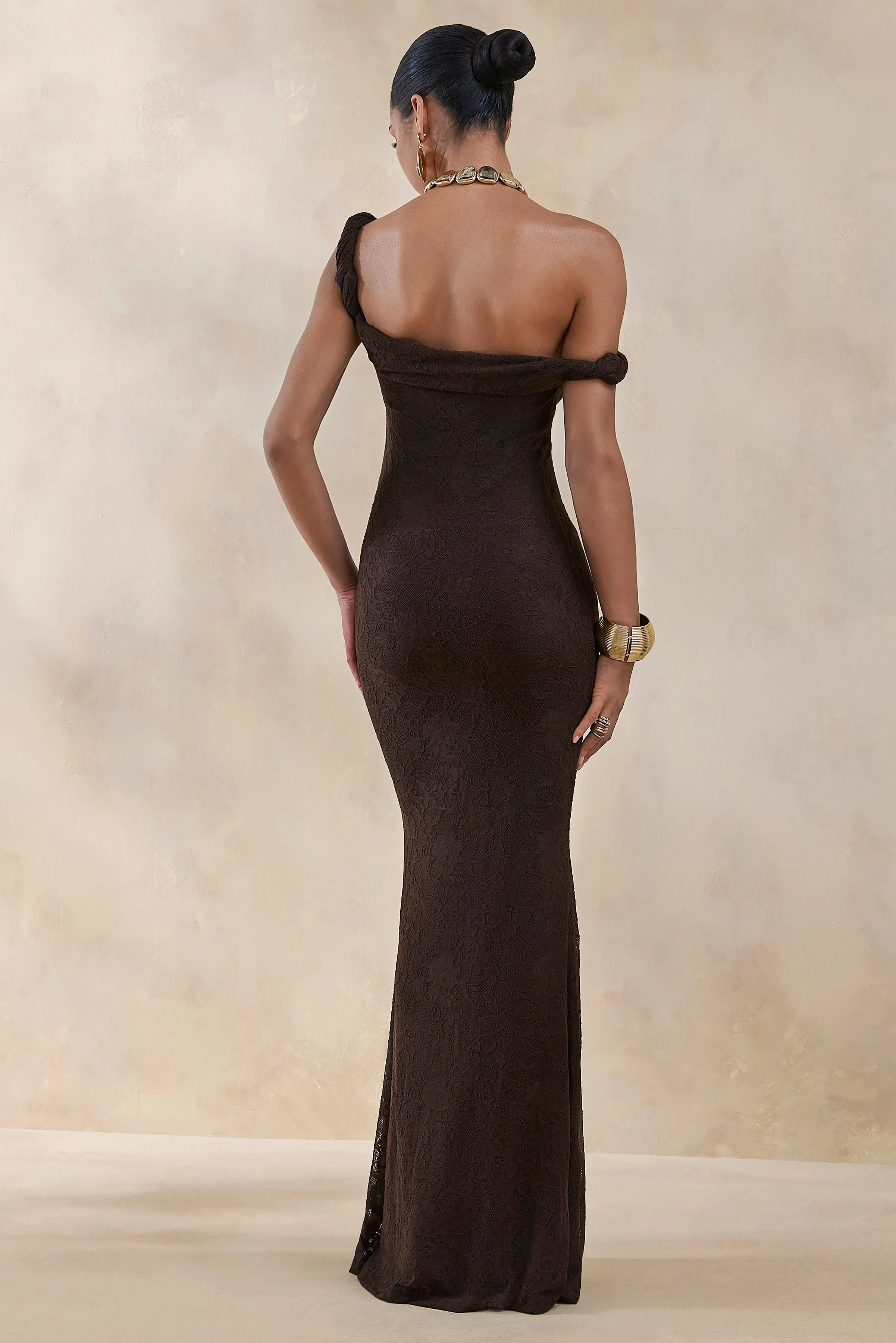 Afina | Brown Lace Asymmetric-Neck Maxi Dress sold by Club L London product image thumbnail 3
