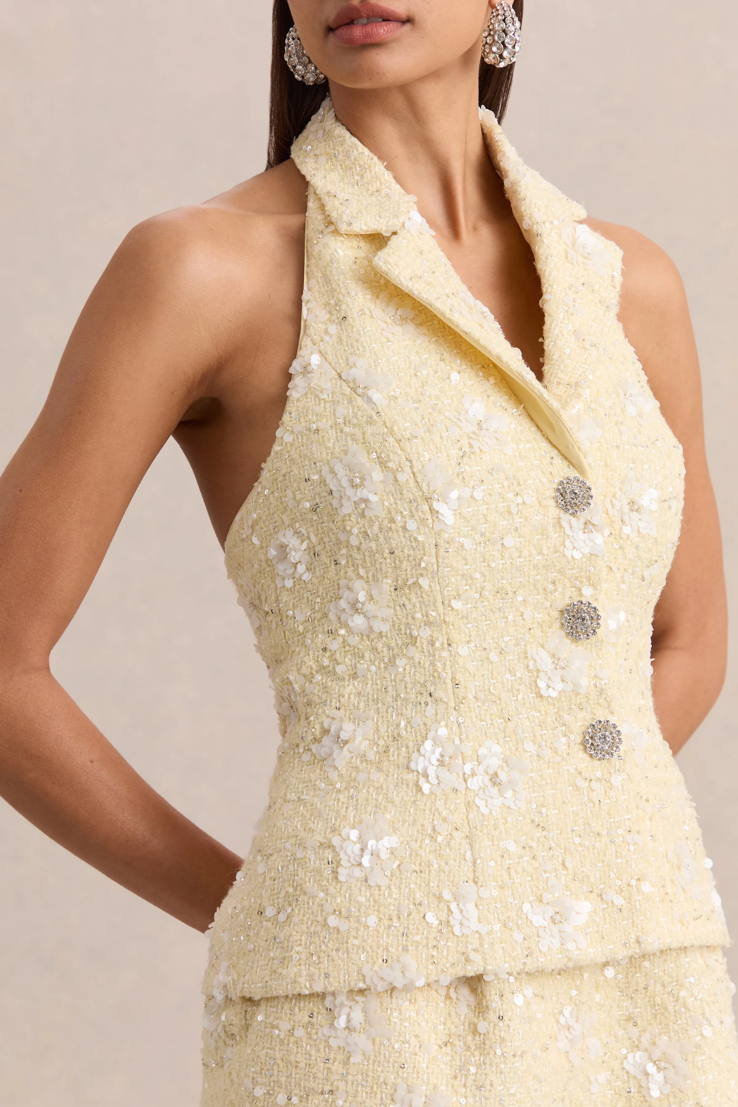 Alba | Lemon Boucle Plunge-Neck Crop-Top sold by Club L London product image thumbnail 3