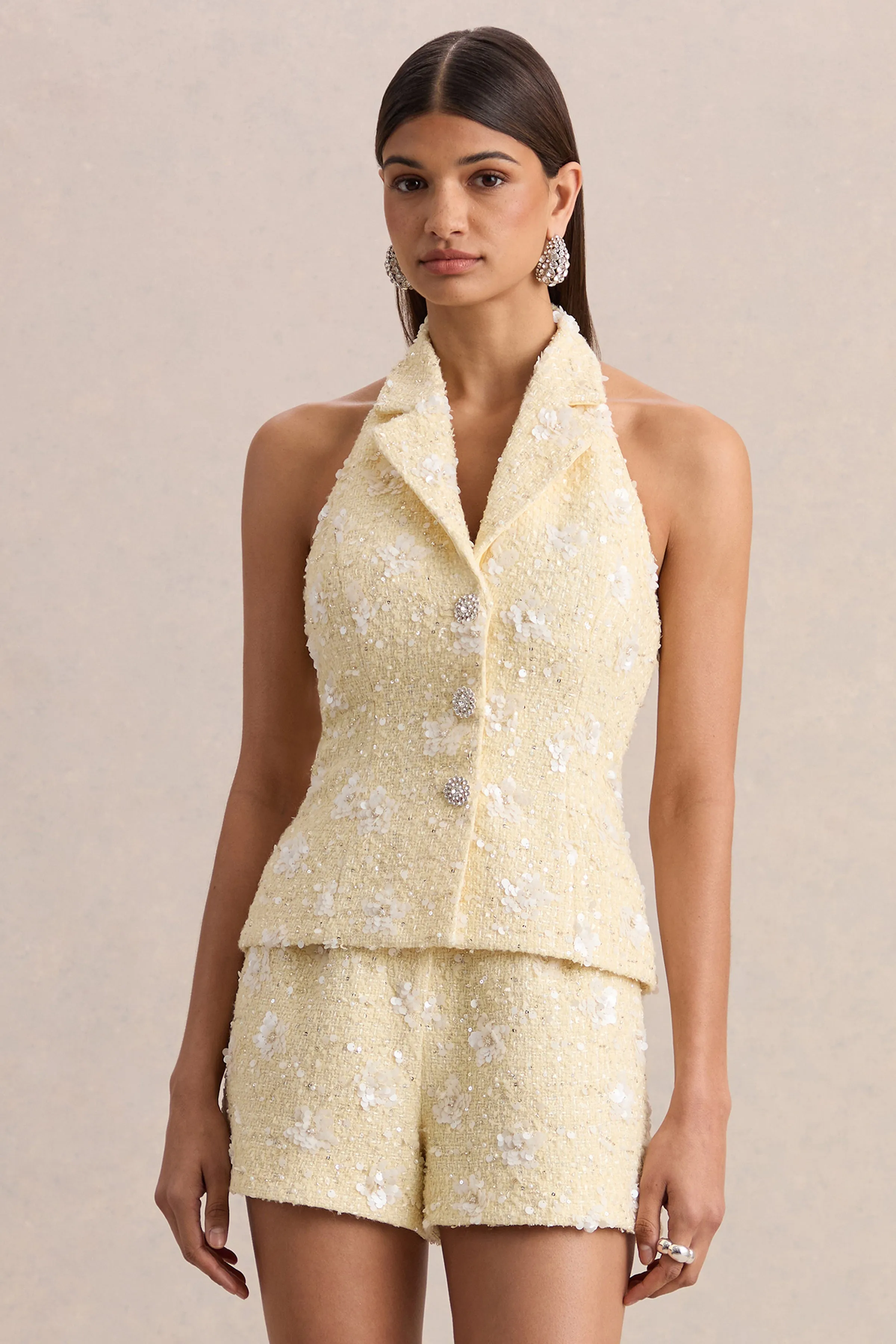 Alba | Lemon Boucle Plunge-Neck Crop-Top sold by Club L London product image thumbnail 4