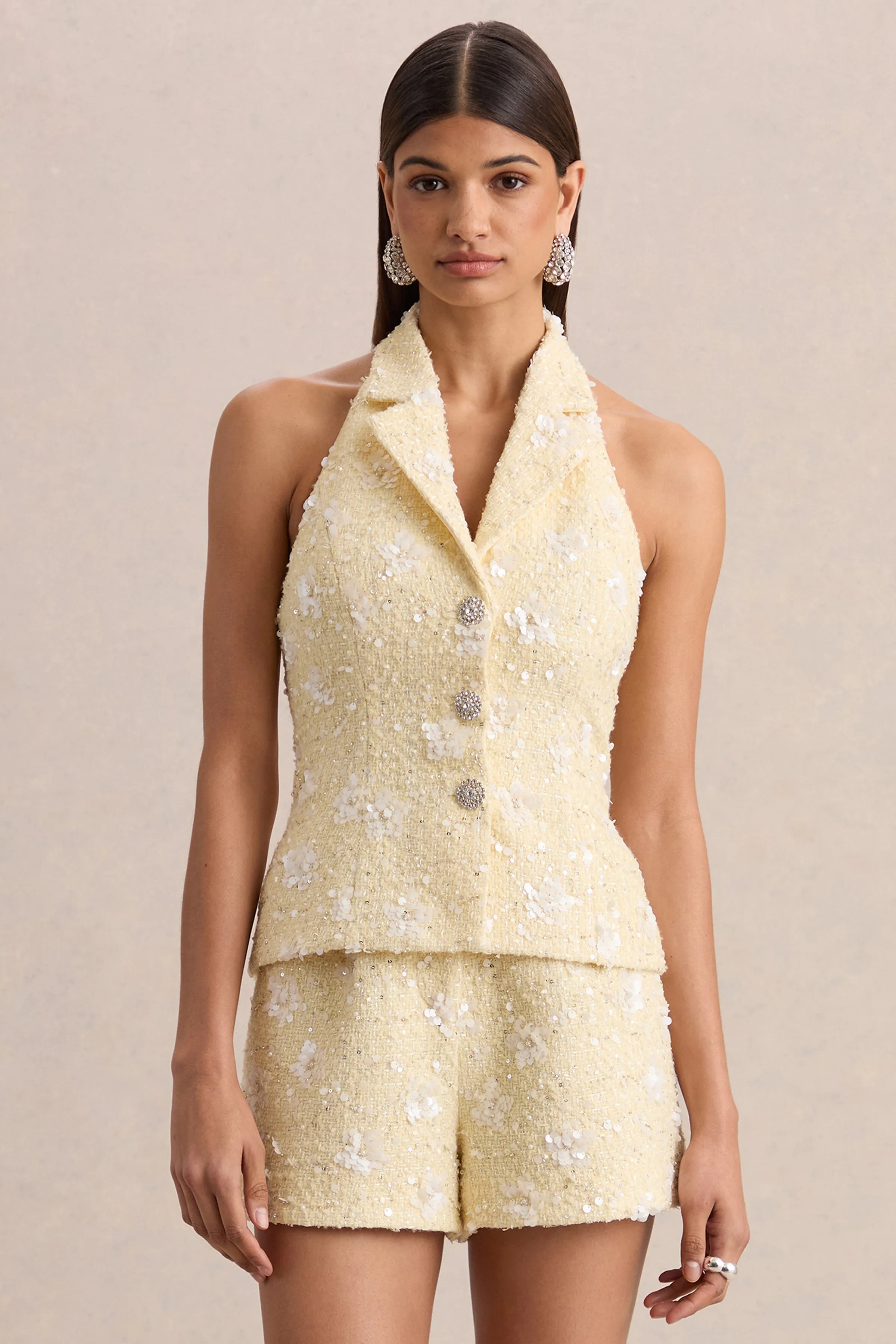 Alba | Lemon Boucle Plunge-Neck Crop-Top sold by Club L London