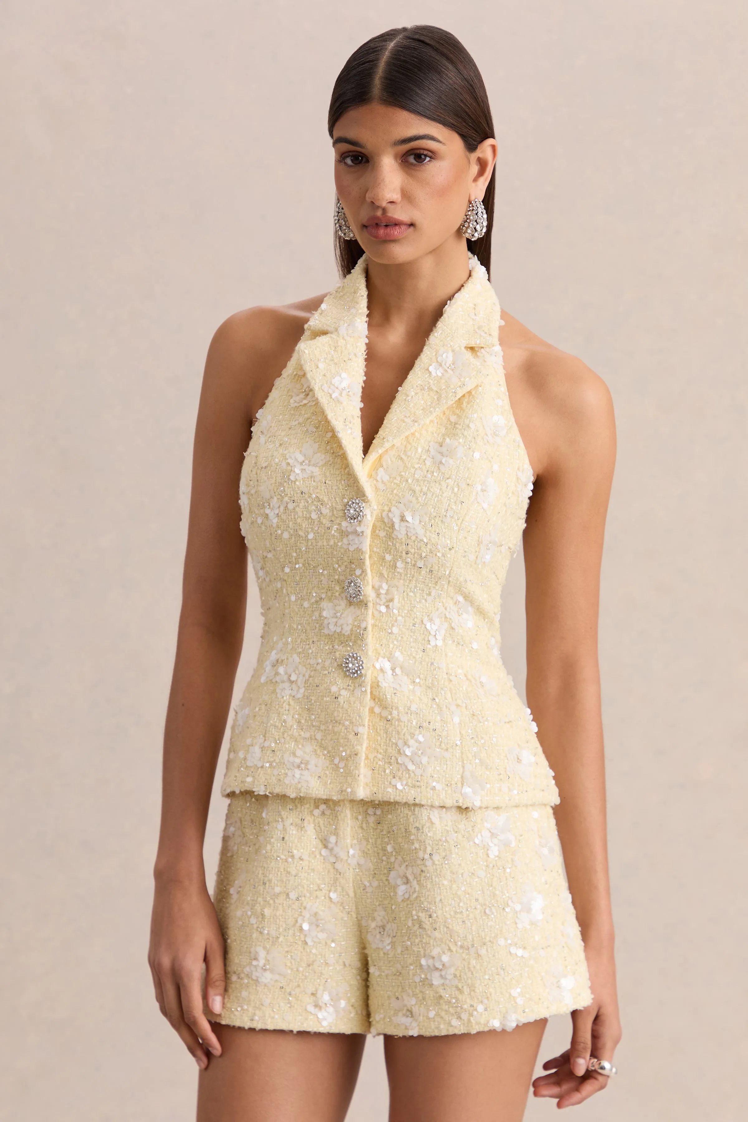 Alba | Lemon Boucle Plunge-Neck Crop-Top sold by Club L London product image thumbnail 5