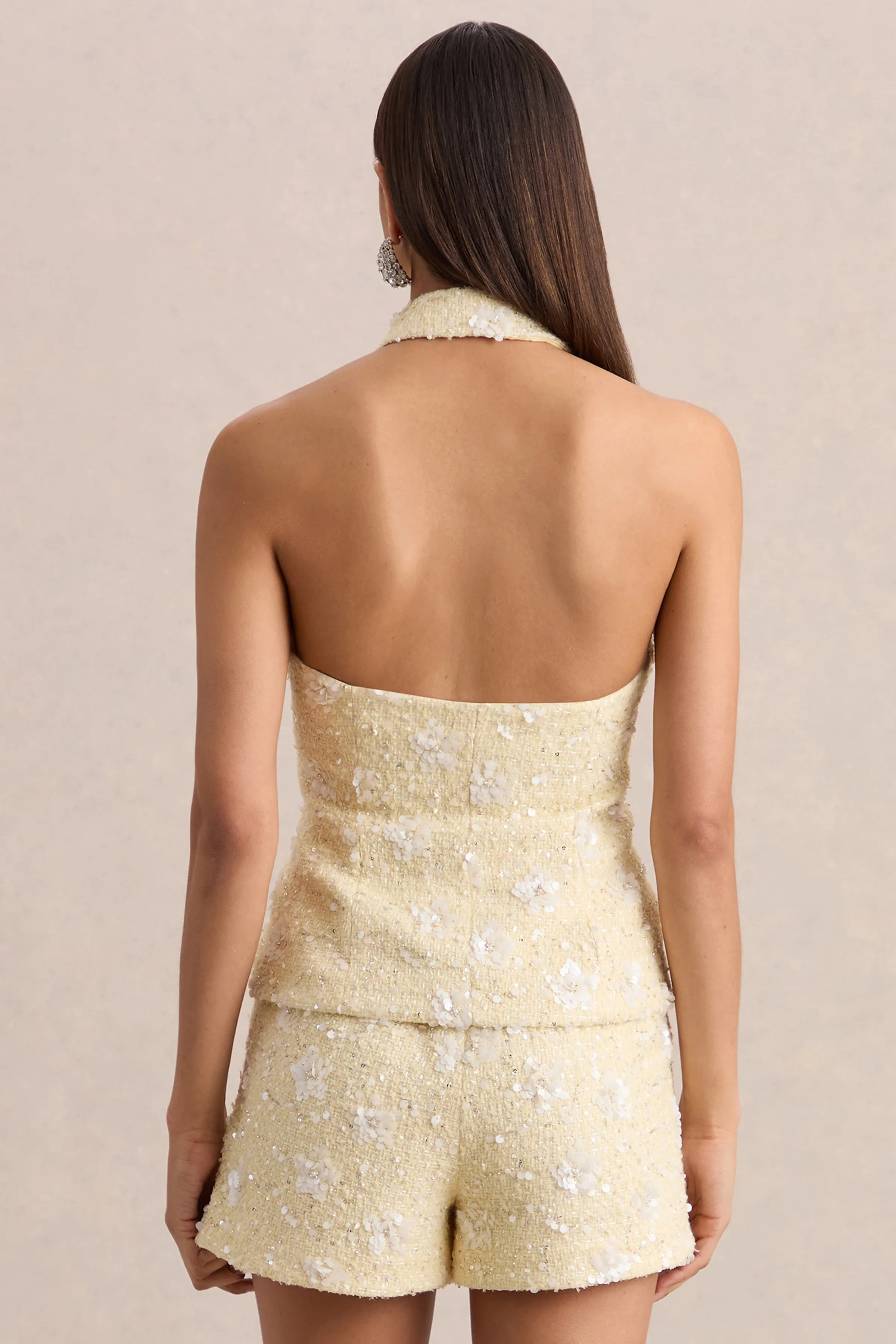 Alba | Lemon Boucle Plunge-Neck Crop-Top sold by Club L London product image thumbnail 2