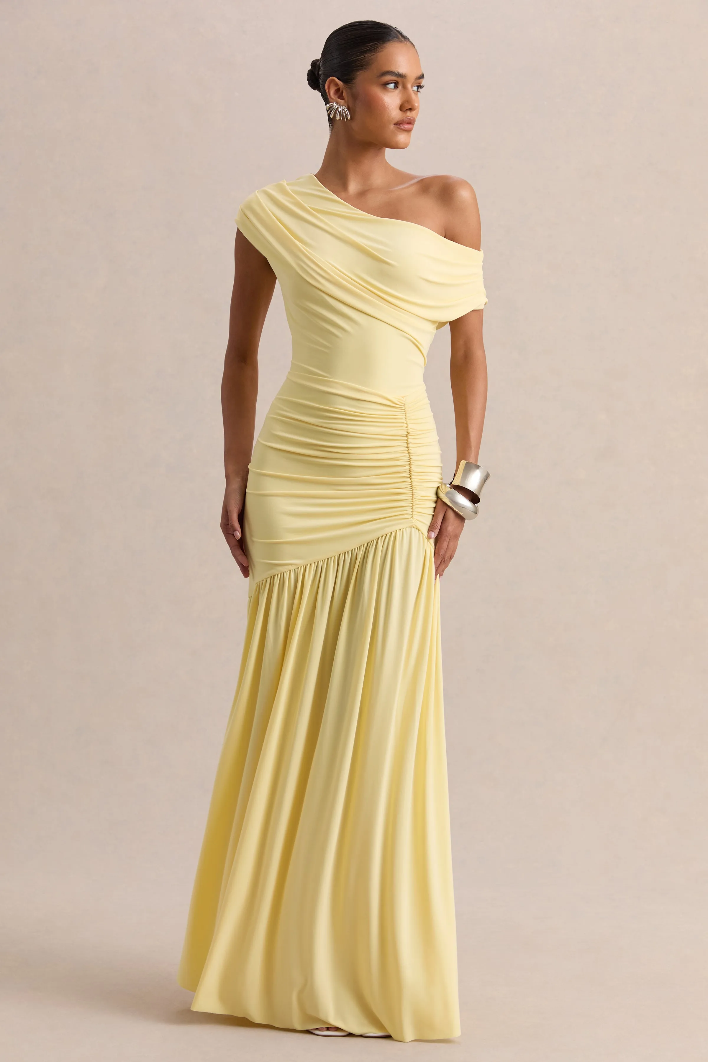 Kady | Lemon Asymmetric-Neck Maxi Dress With Ruched Detailing sold by Club L London product image thumbnail 5
