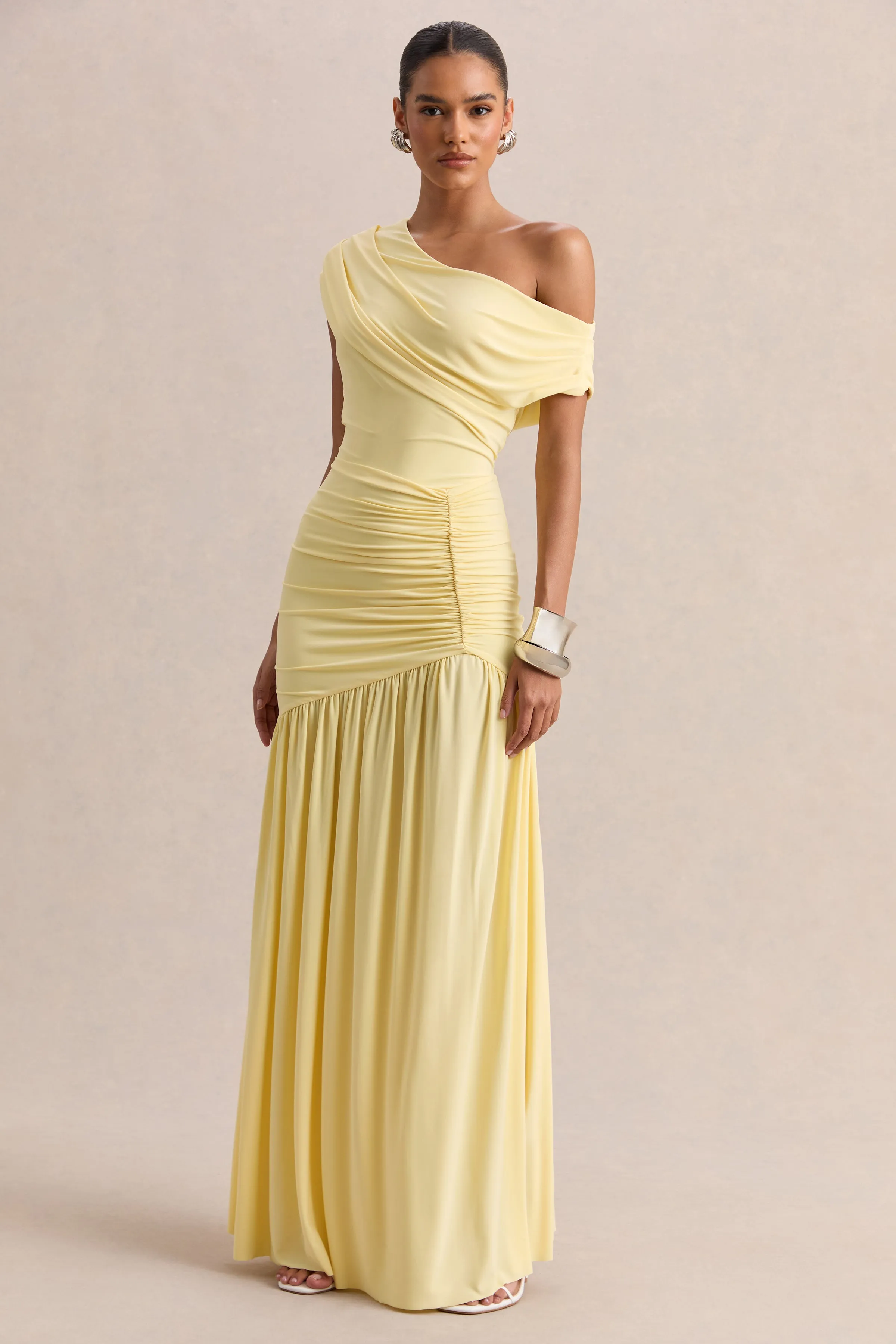 Kady | Lemon Asymmetric-Neck Maxi Dress With Ruched Detailing sold by Club L London product image thumbnail 4