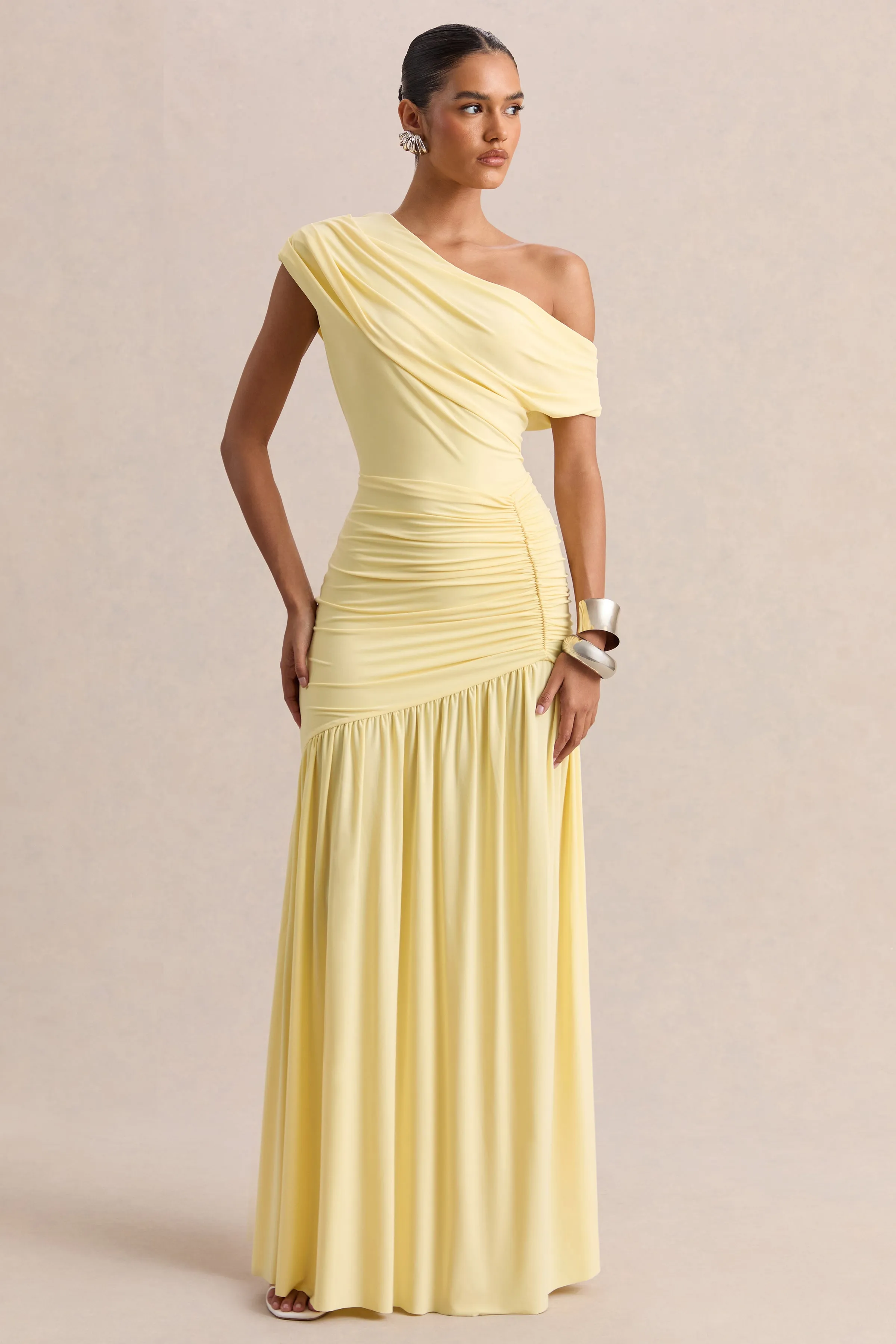 Kady | Lemon Asymmetric-Neck Maxi Dress With Ruched Detailing sold by Club L London