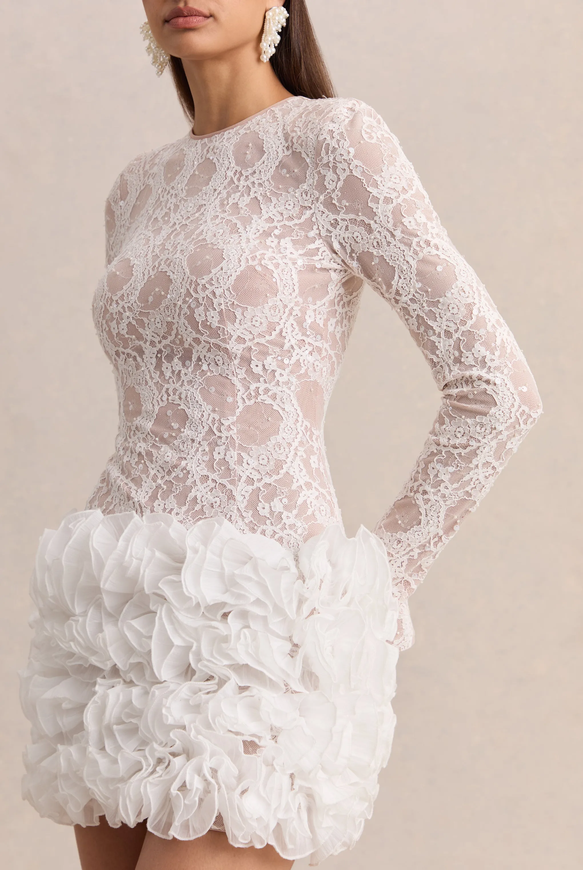 Cecilia | White Crew-Neck Mini Dress With Ruffled Skirt sold by Club L London product image thumbnail 4