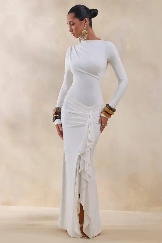 Karessa | Cream High-Neck Maxi Dress With Gathered Detailing And Front-High Split sold by Club L London