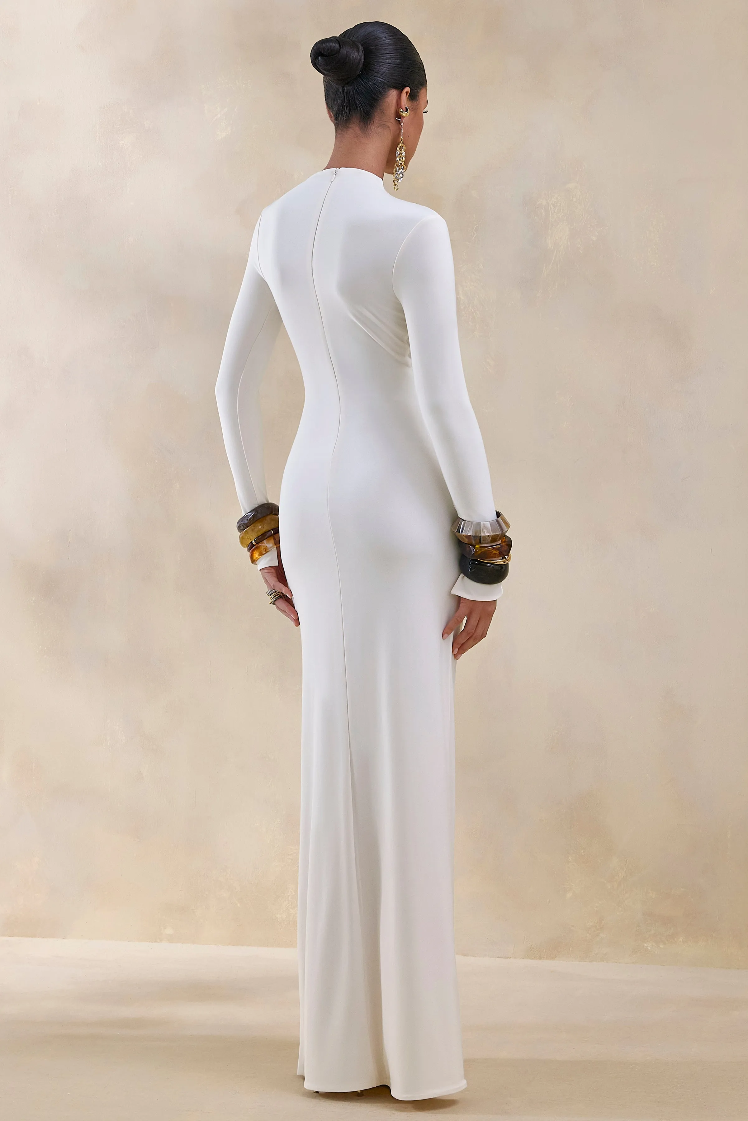 Karessa | Cream High-Neck Maxi Dress With Gathered Detailing And Front-High Split sold by Club L London product image thumbnail 2