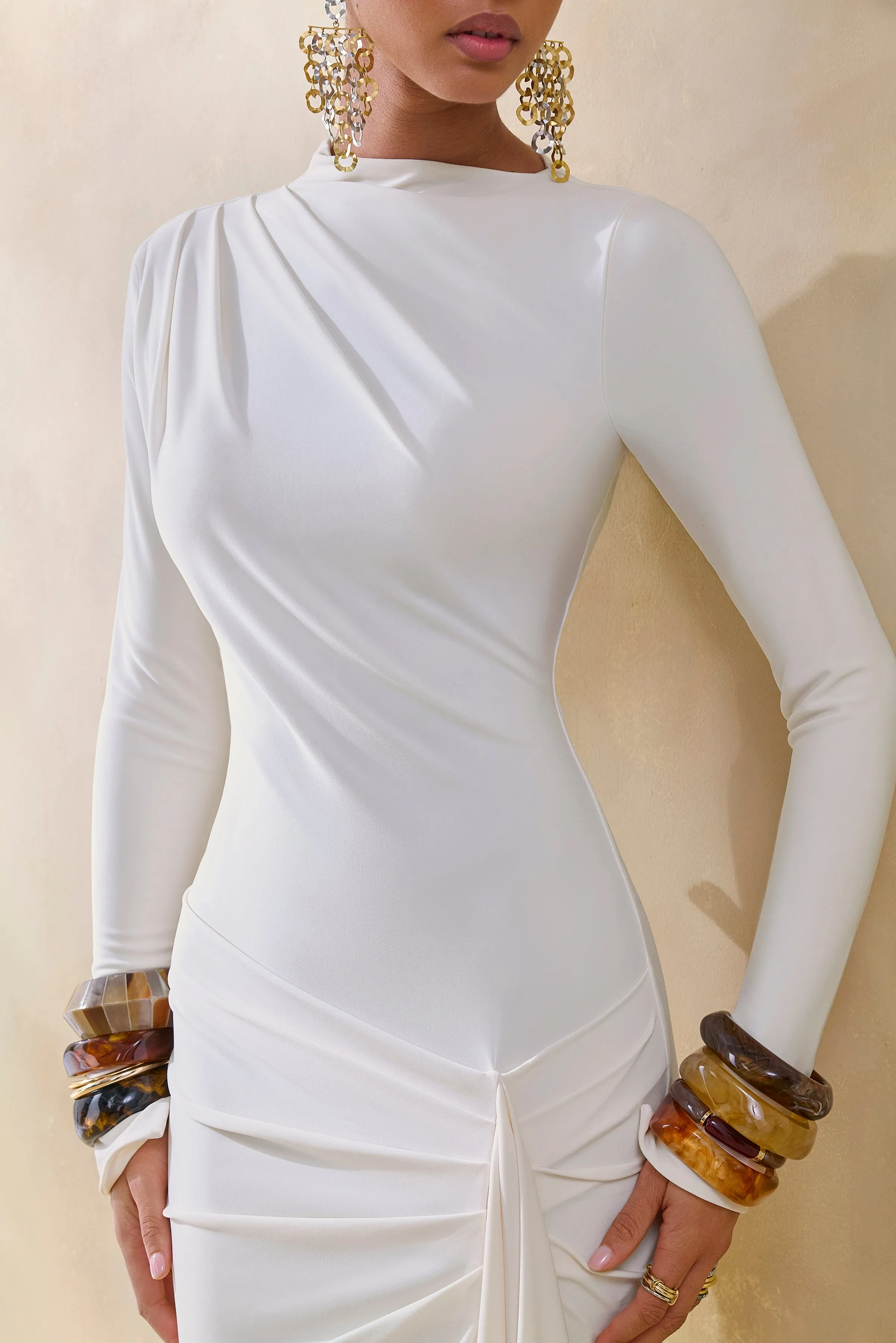 Karessa | Cream High-Neck Maxi Dress With Gathered Detailing And Front-High Split sold by Club L London product image thumbnail 3