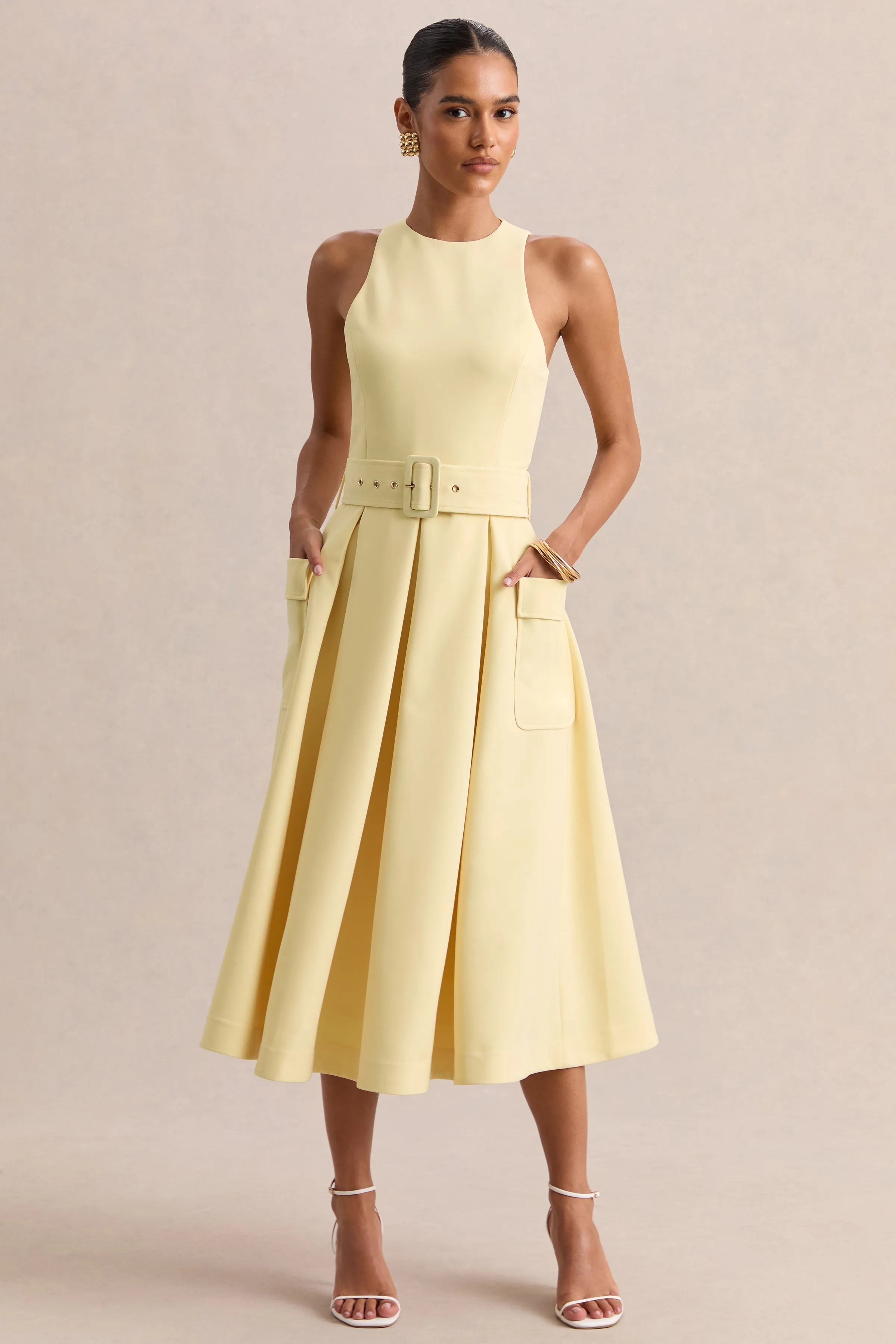 Magnora | Lemon Crew-Neck Belted Midi Dress sold by Club L London