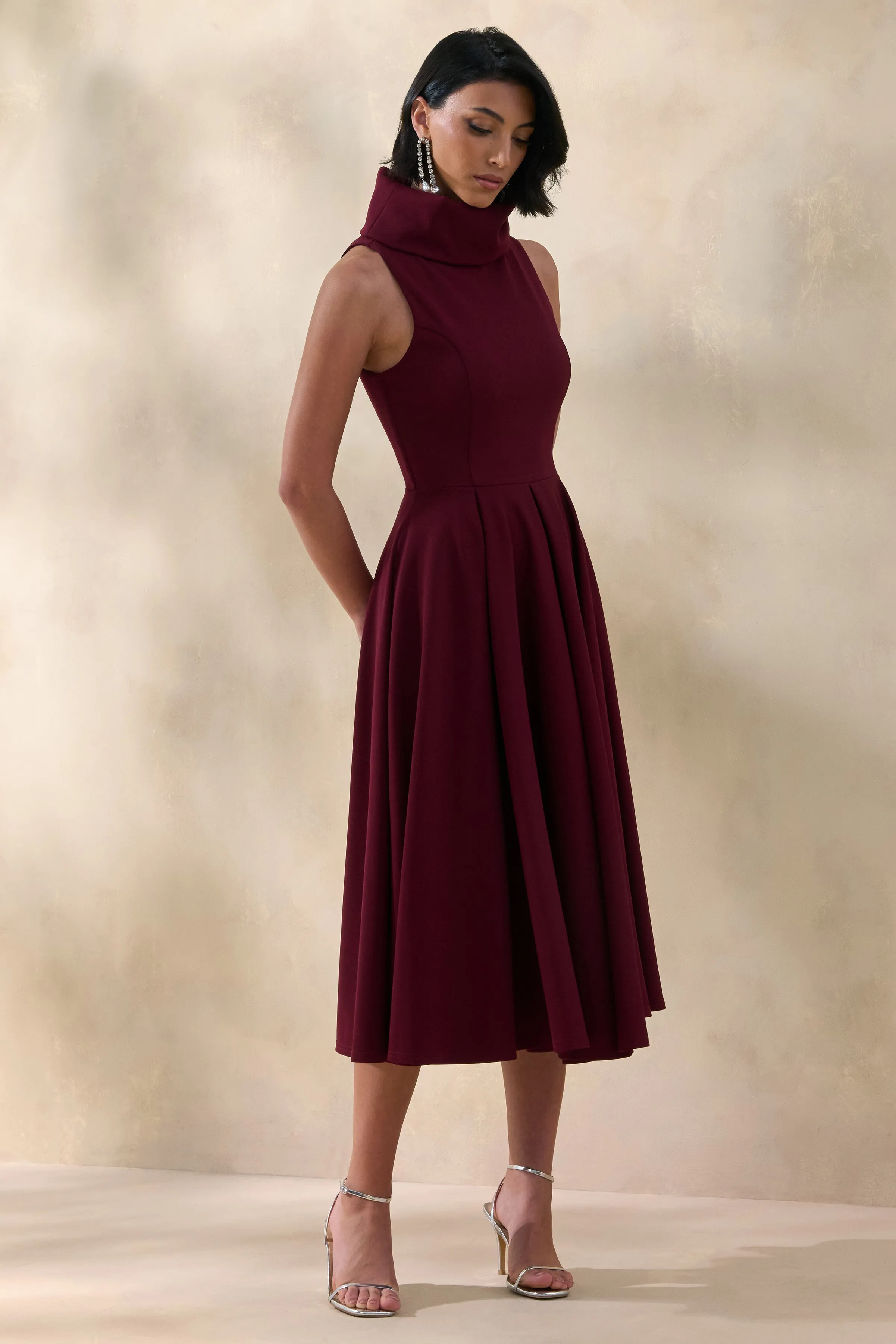 Exclusivity | Burgundy High-Neck Midi Dress sold by Club L London product image thumbnail 4