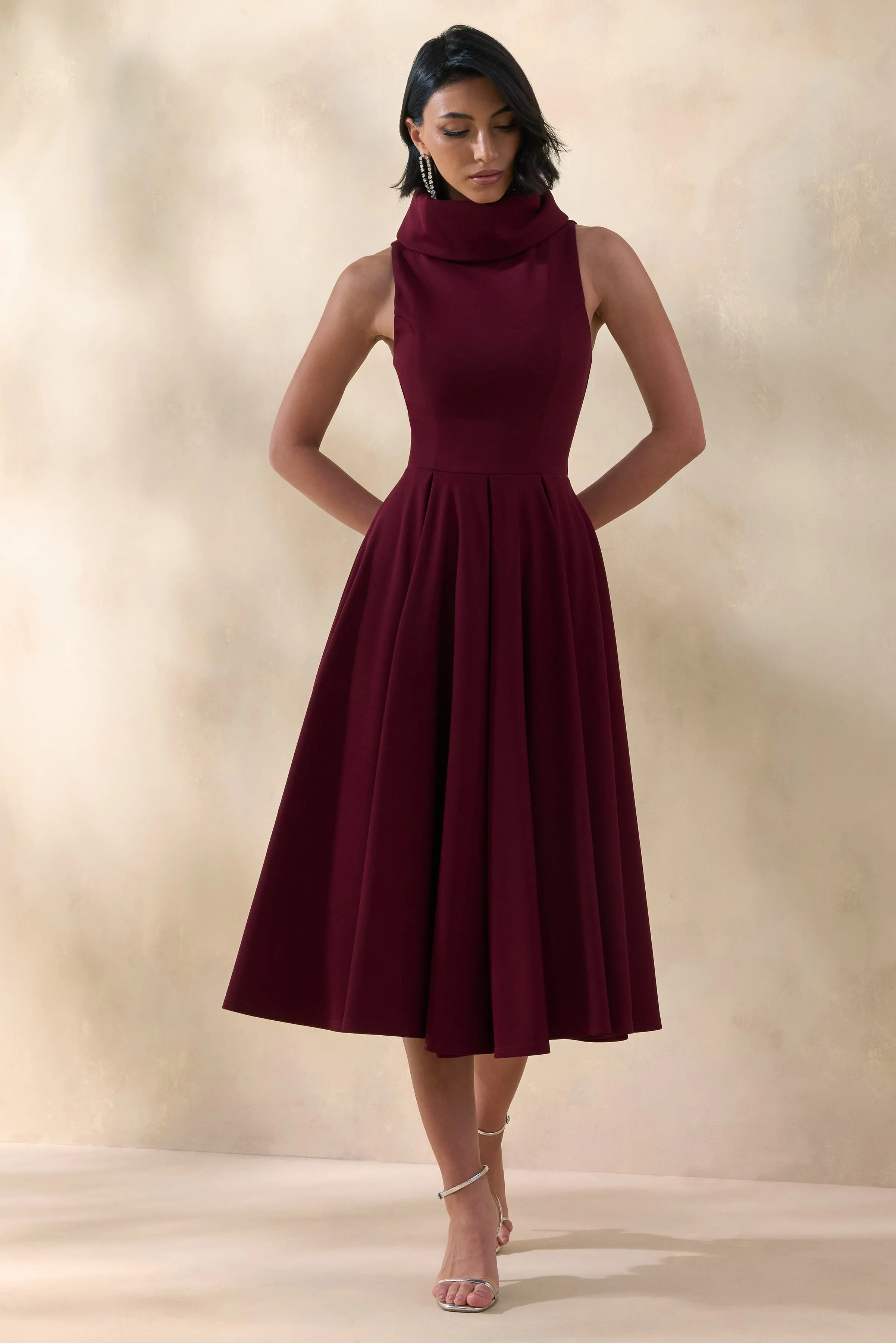 Exclusivity | Burgundy High-Neck Midi Dress sold by Club L London