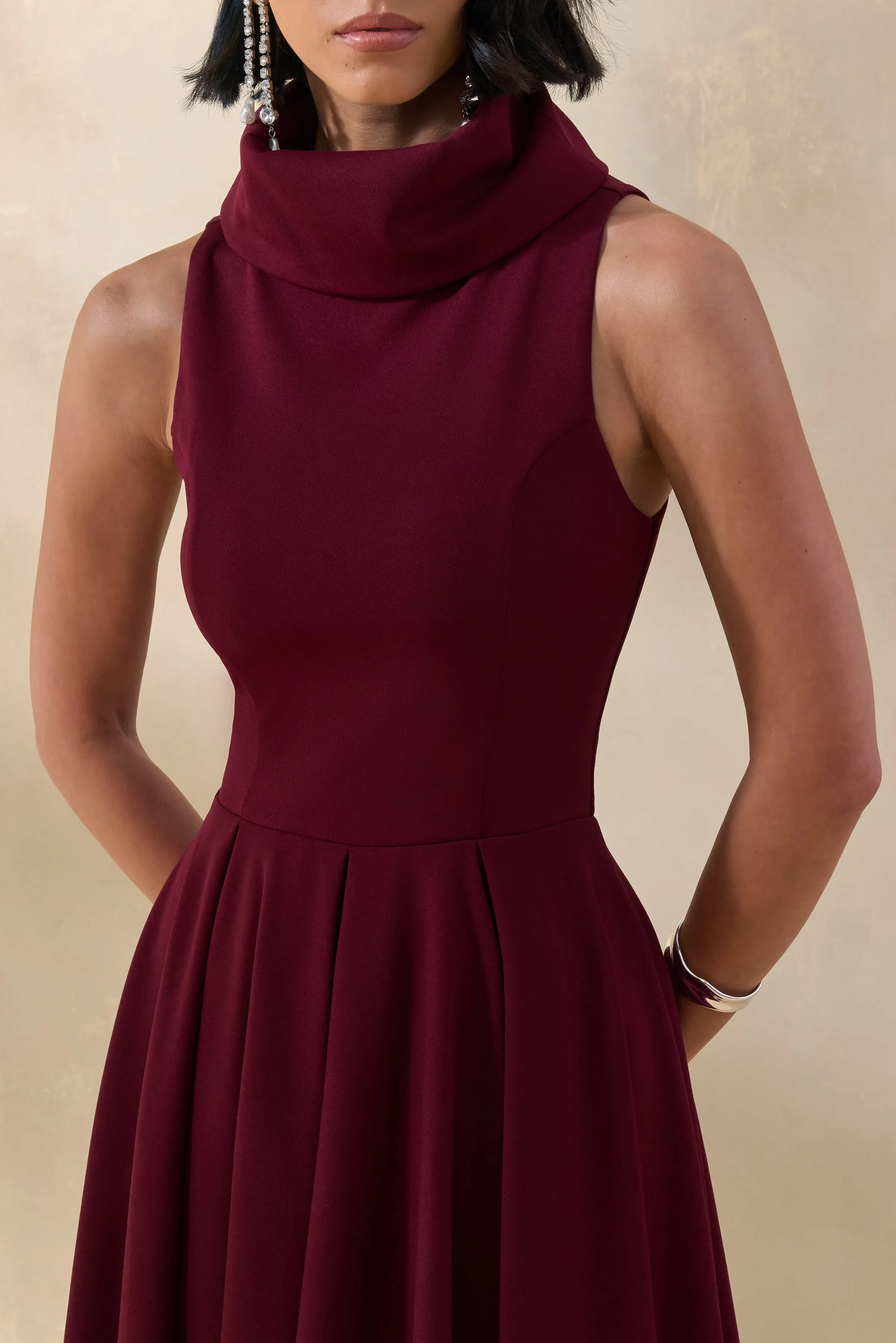 Exclusivity | Burgundy High-Neck Midi Dress sold by Club L London product image thumbnail 3