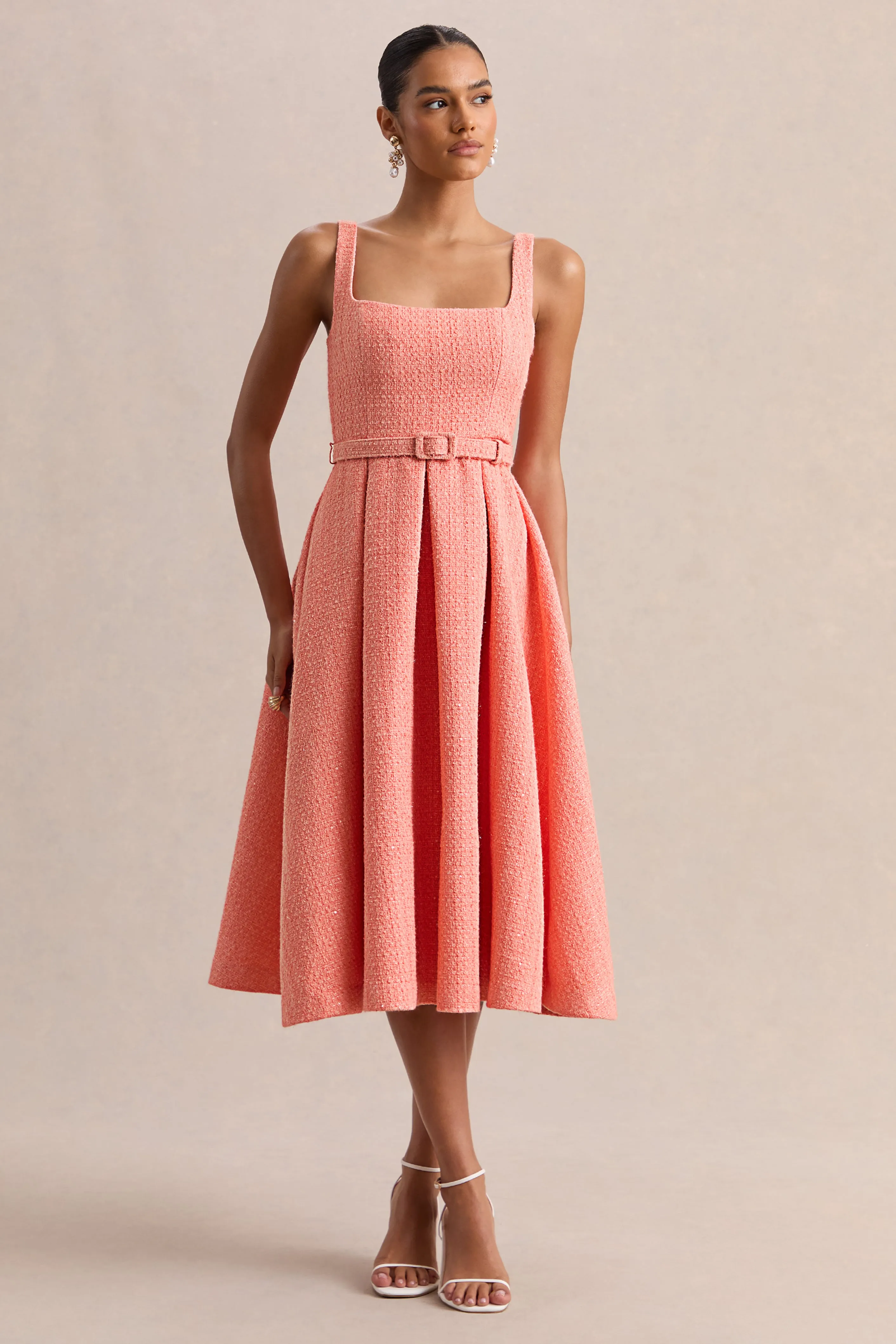 Camoria | Coral Boucle Square-Neck Midi Dress sold by Club L London product image thumbnail 4