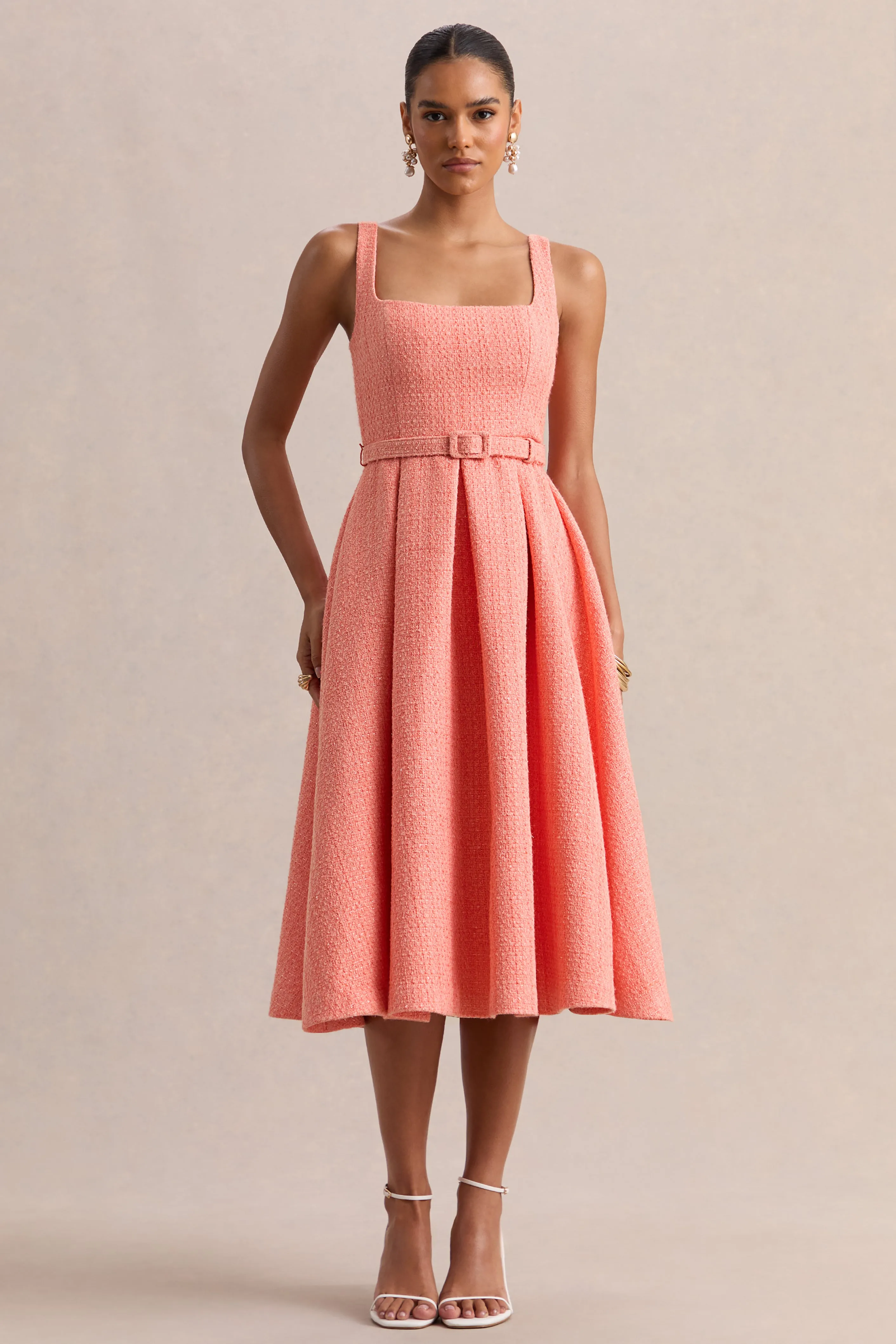 Camoria | Coral Boucle Square-Neck Midi Dress sold by Club L London