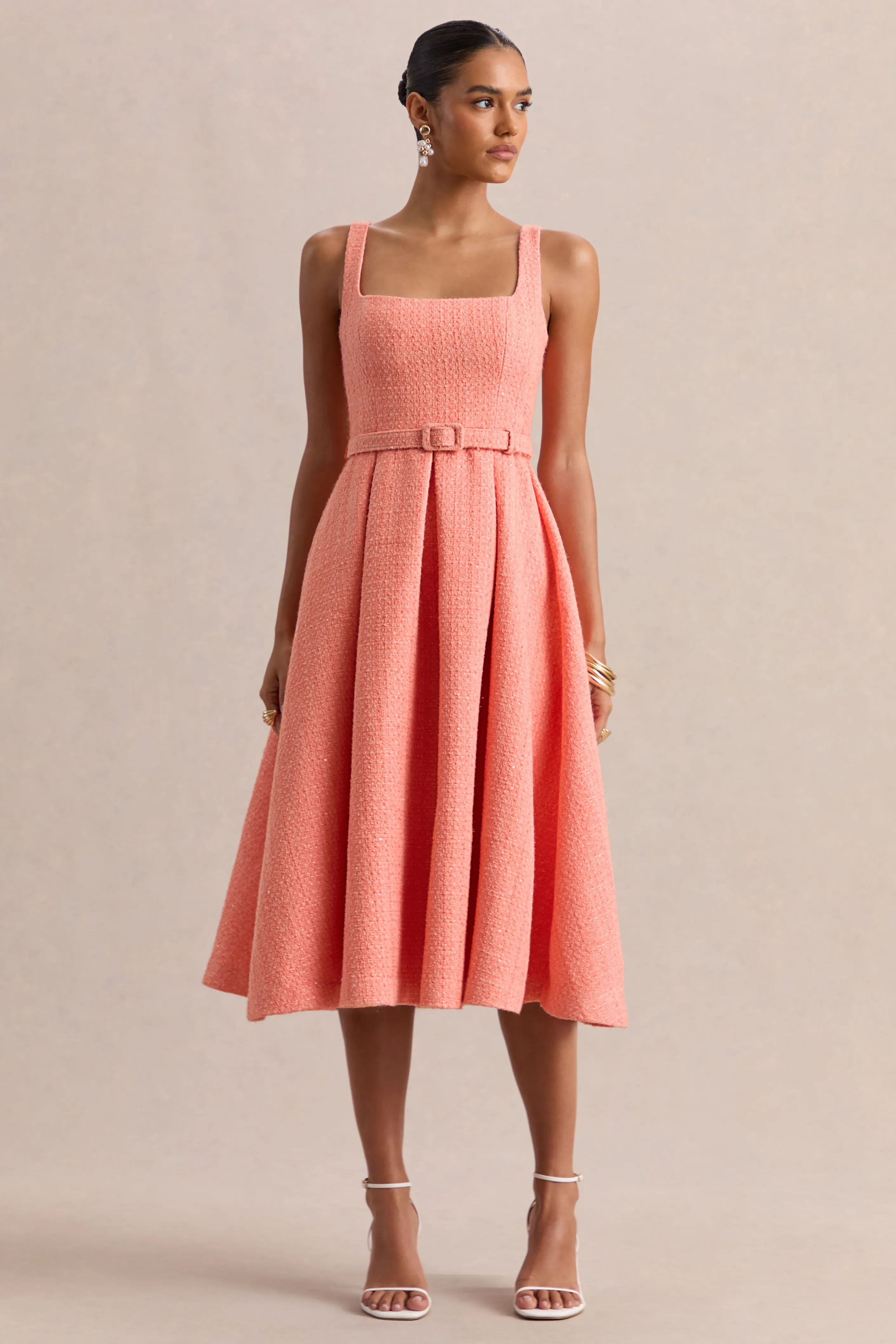 Camoria | Coral Boucle Square-Neck Midi Dress sold by Club L London product image thumbnail 5