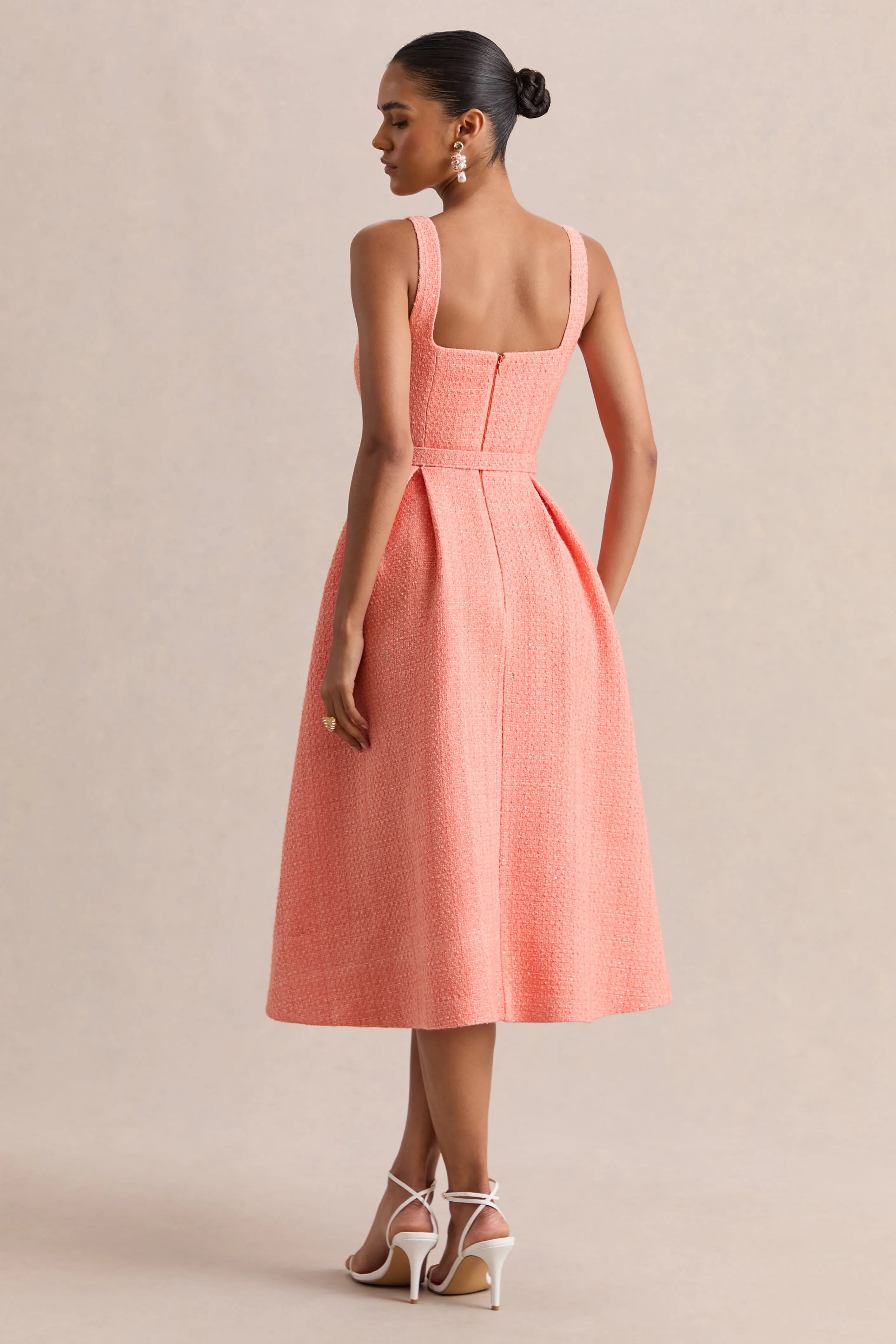 Camoria | Coral Boucle Square-Neck Midi Dress sold by Club L London product image thumbnail 2