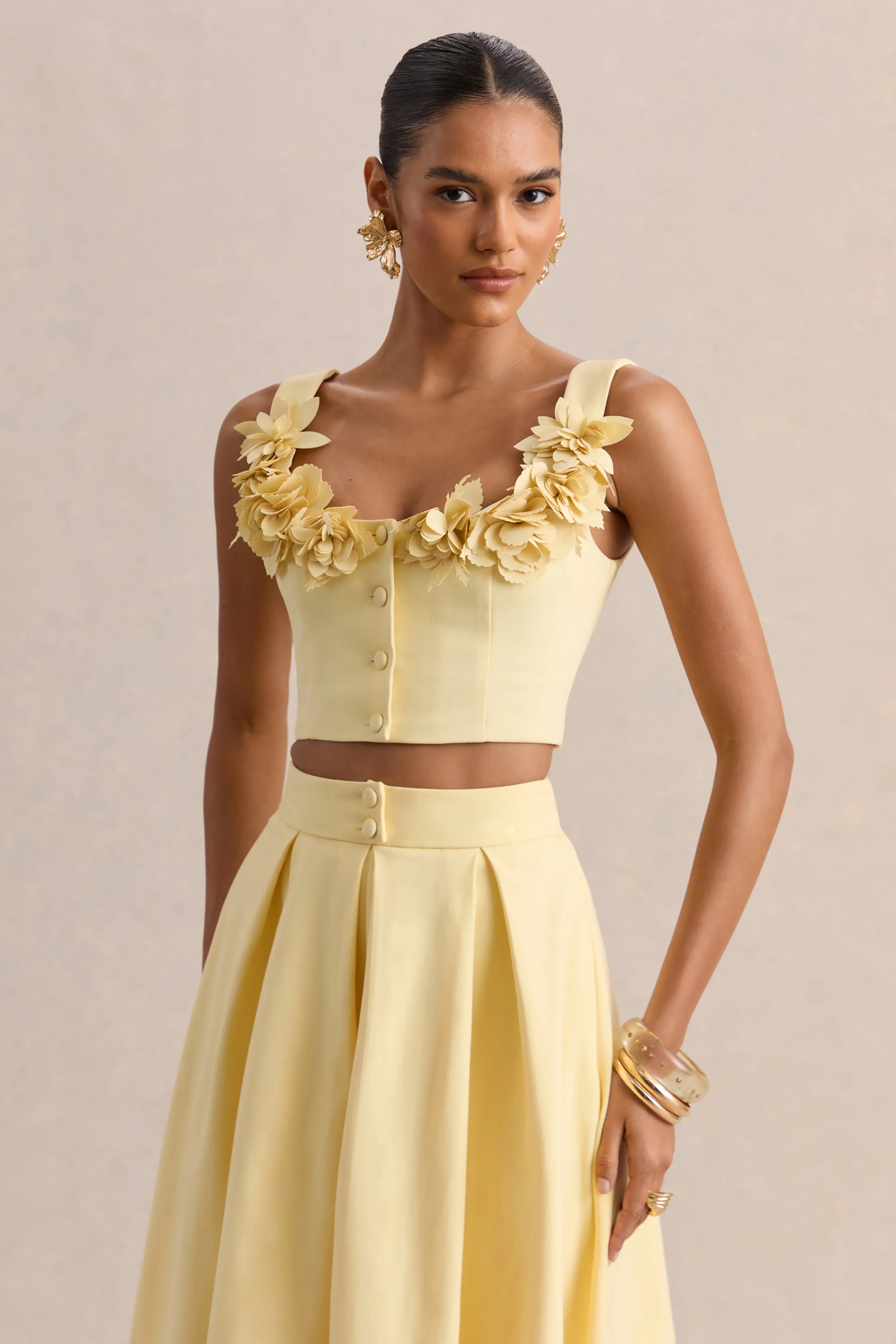 Caprielle | Lemon Scoop-Neck Crop-Top With Corsage Detailing sold by Club L London