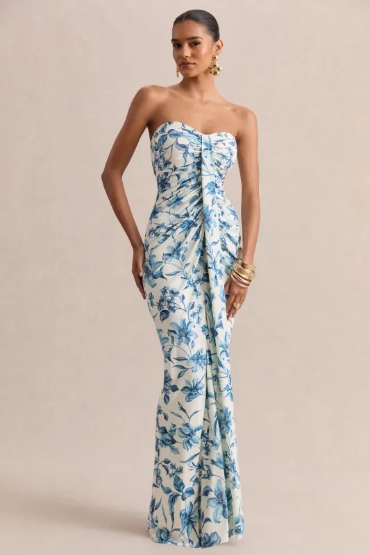 Ali | Blue Porcelain Print Sweetheart Ruched Wrap Maxi Dress sold by Club L London
