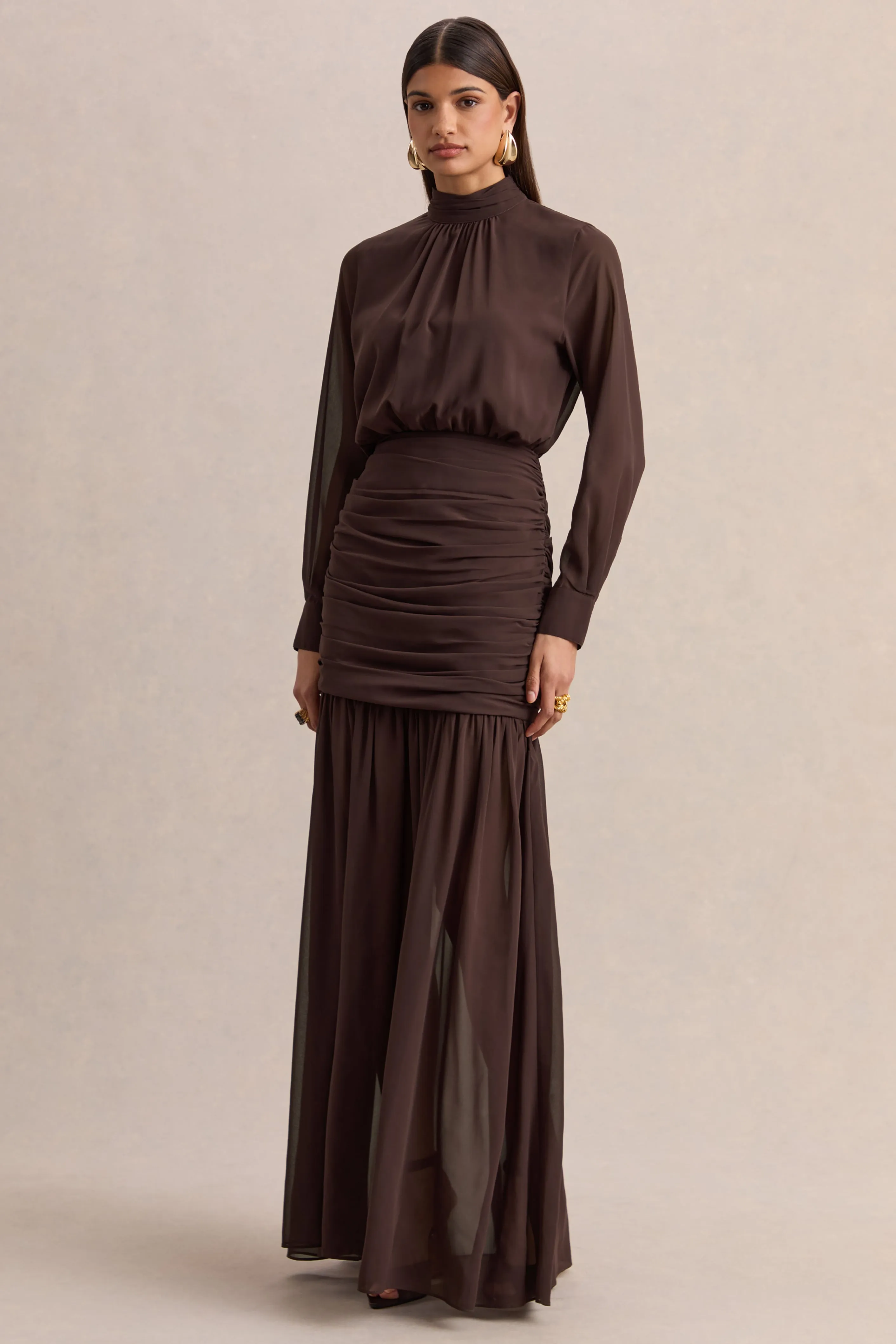 Zella | Brown High-Neck Maxi Dress With Sheer-Skirt sold by Club L London product image thumbnail 4