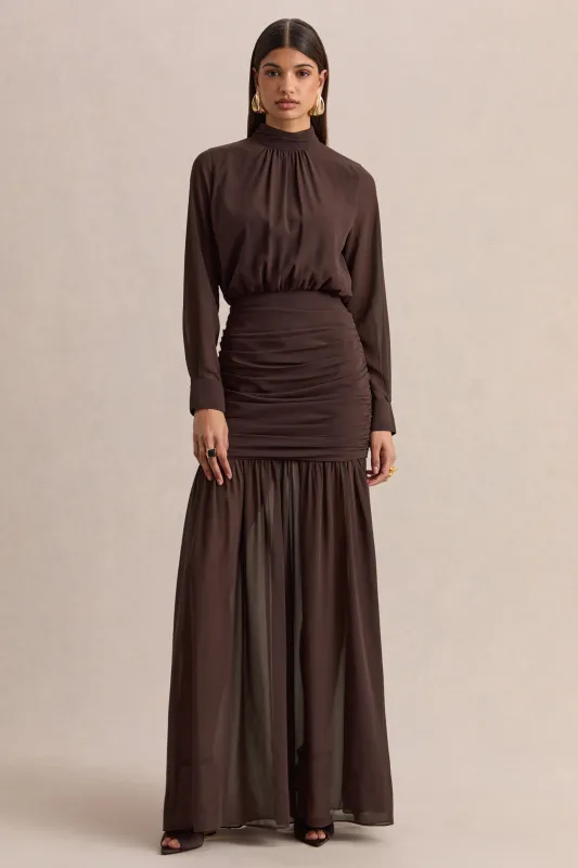 Zella | Brown High-Neck Maxi Dress With Sheer-Skirt made by Club L London