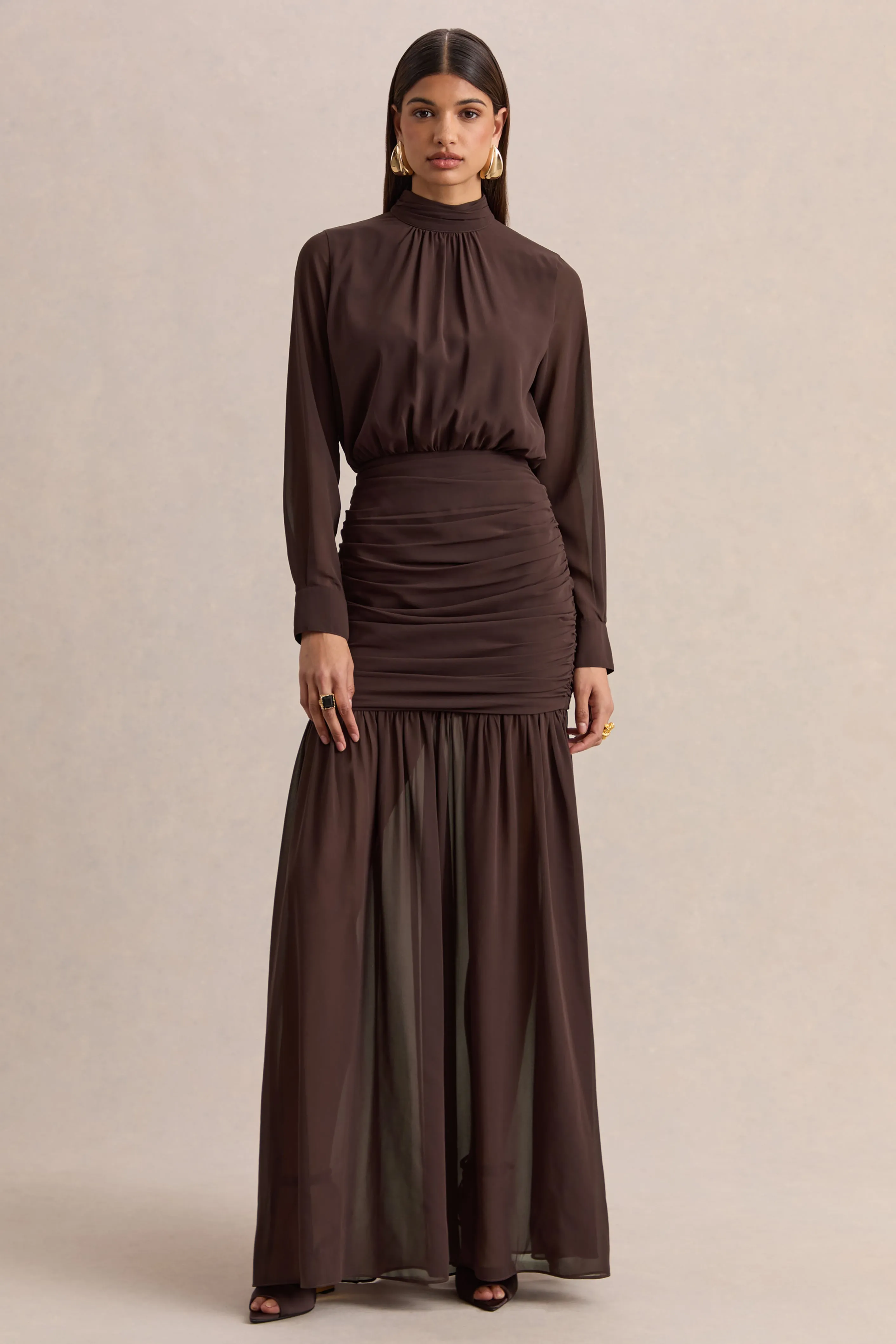 Zella | Brown High-Neck Maxi Dress With Sheer-Skirt sold by Club L London