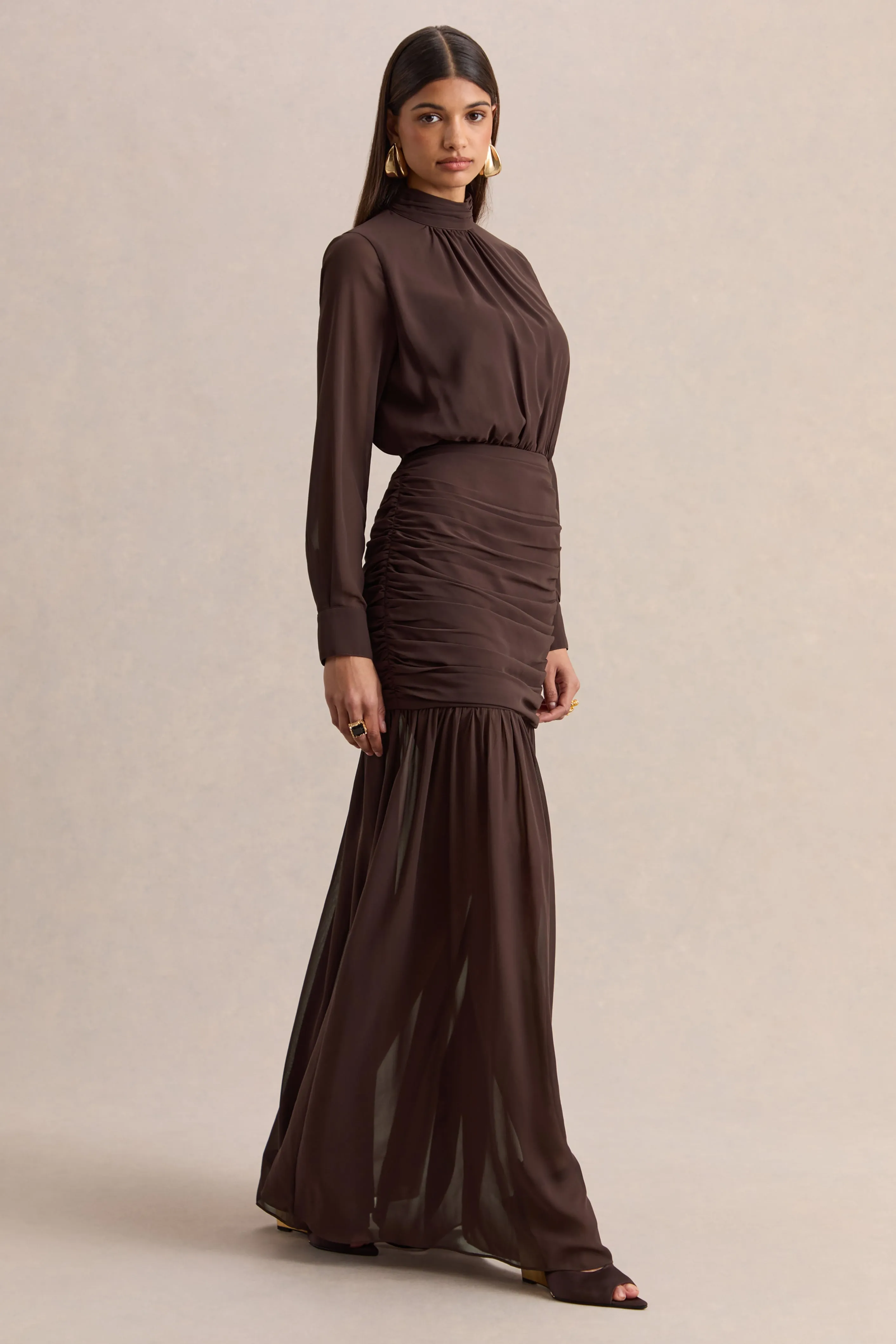 Zella | Brown High-Neck Maxi Dress With Sheer-Skirt sold by Club L London product image thumbnail 5