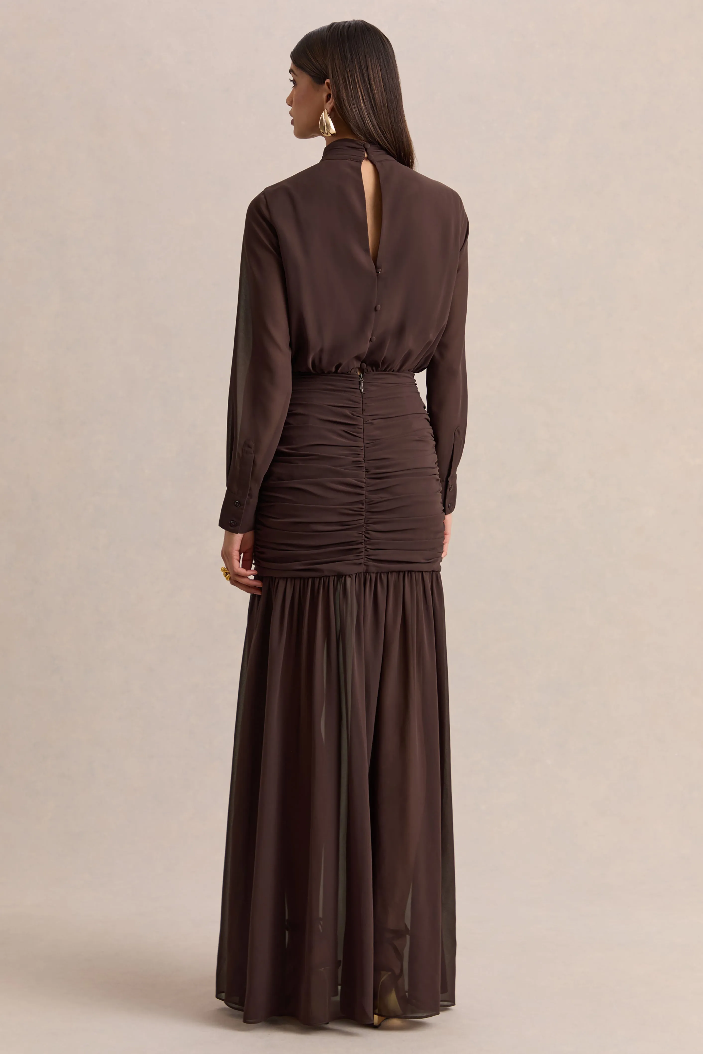 Zella | Brown High-Neck Maxi Dress With Sheer-Skirt sold by Club L London product image thumbnail 2