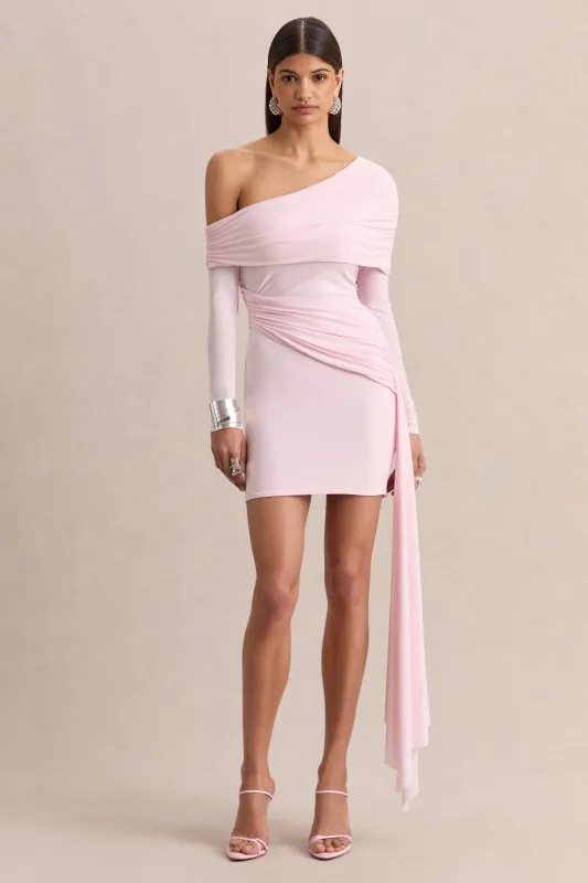 Savita | Light Pink Ruched Asymmetric Mini Dress With Drape sold by Club L London