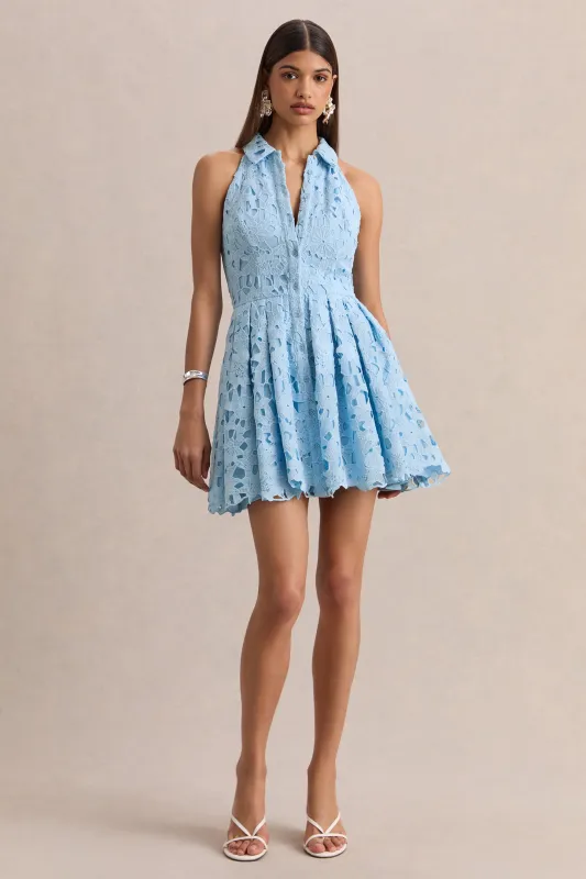 Milly | Powder Blue Lace Halter-Neck Mini Dress sold by Club L London