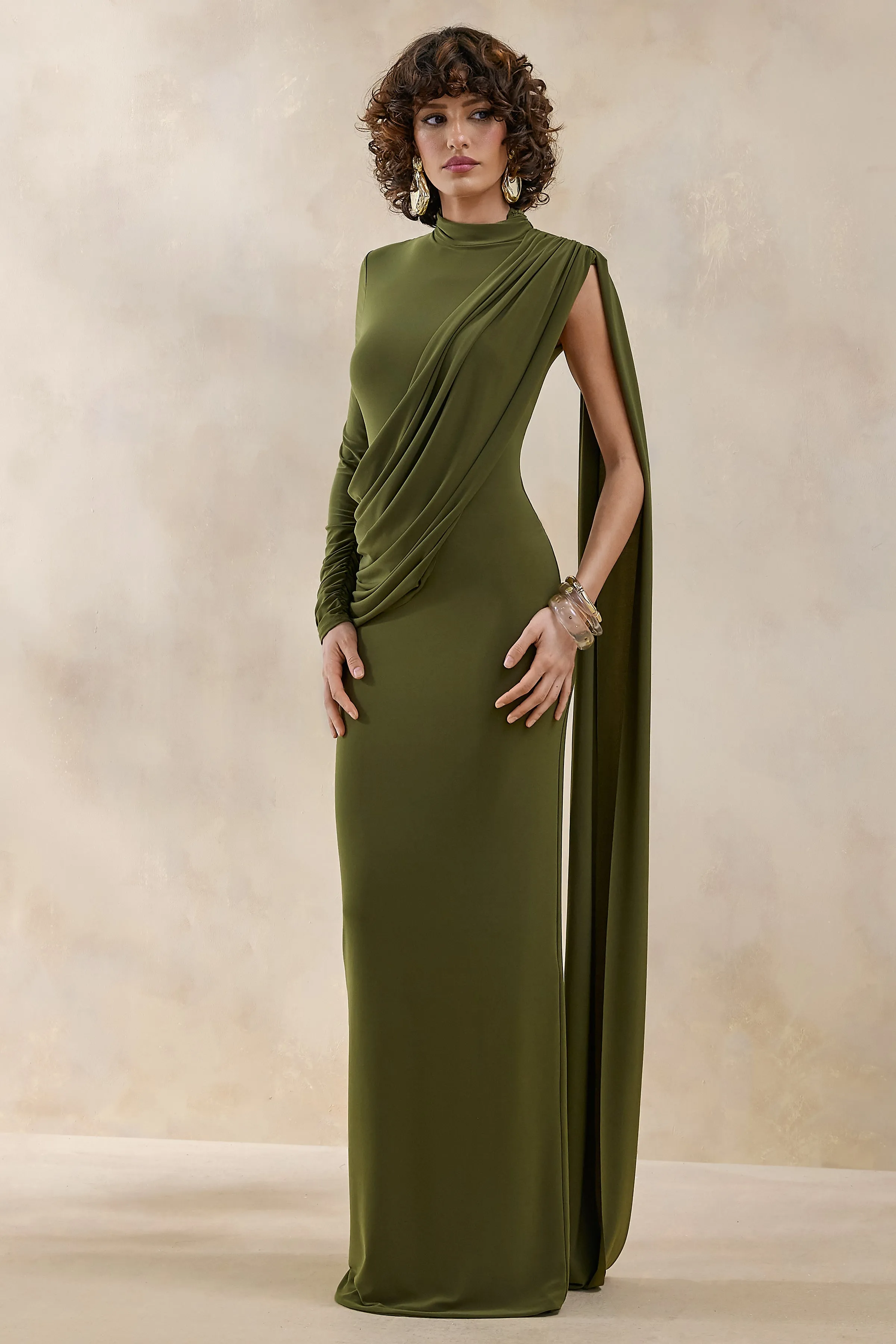 Oliria | Olive High-Neck Maxi Dress With One-Long Sleeve And Sash-Detail sold by Club L London product image thumbnail 4