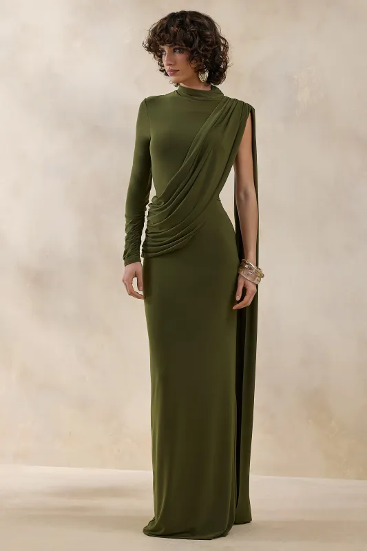 Oliria | Olive High-Neck Maxi Dress With One-Long Sleeve And Sash-Detail made by Club L London