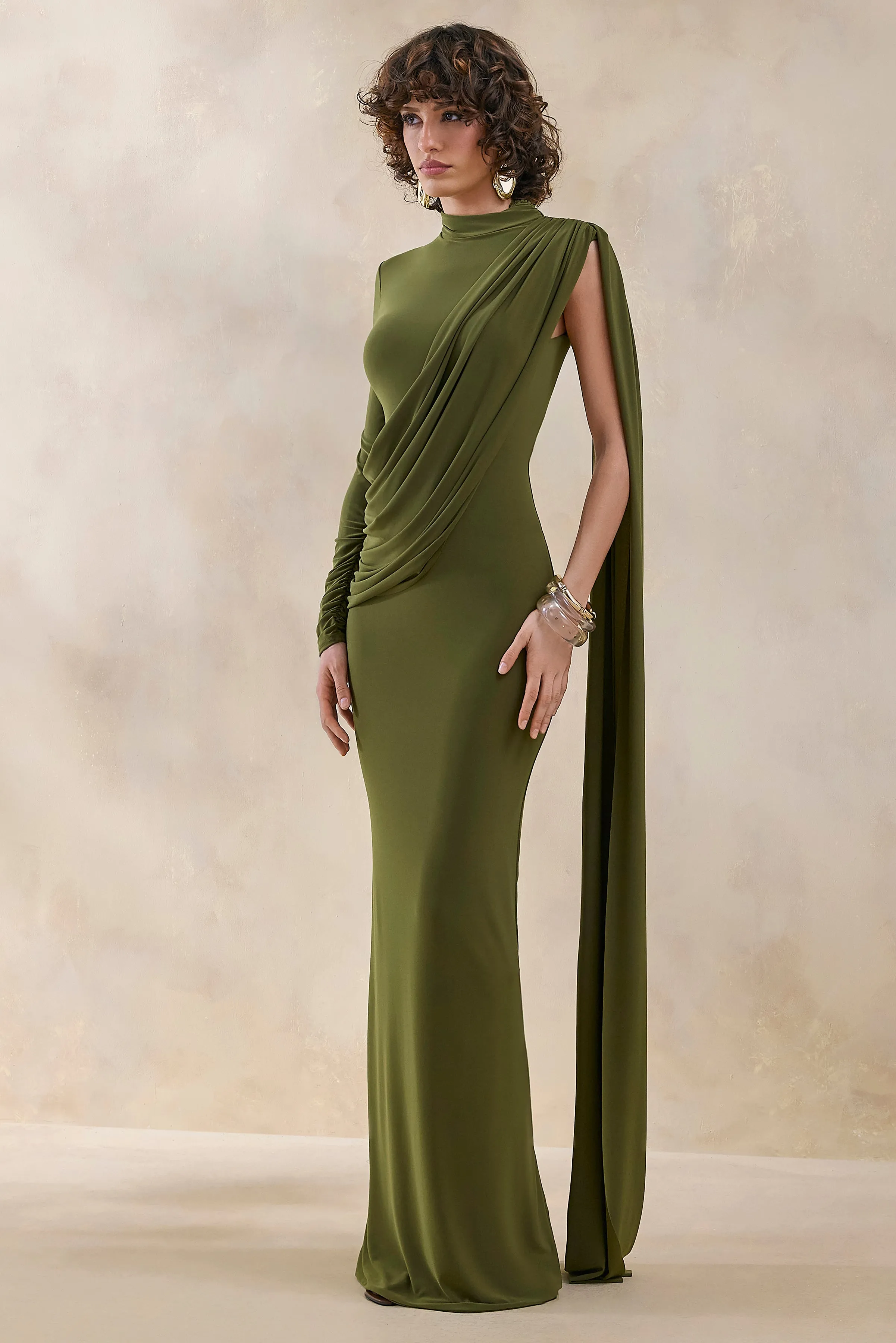 Oliria | Olive High-Neck Maxi Dress With One-Long Sleeve And Sash-Detail sold by Club L London product image thumbnail 5