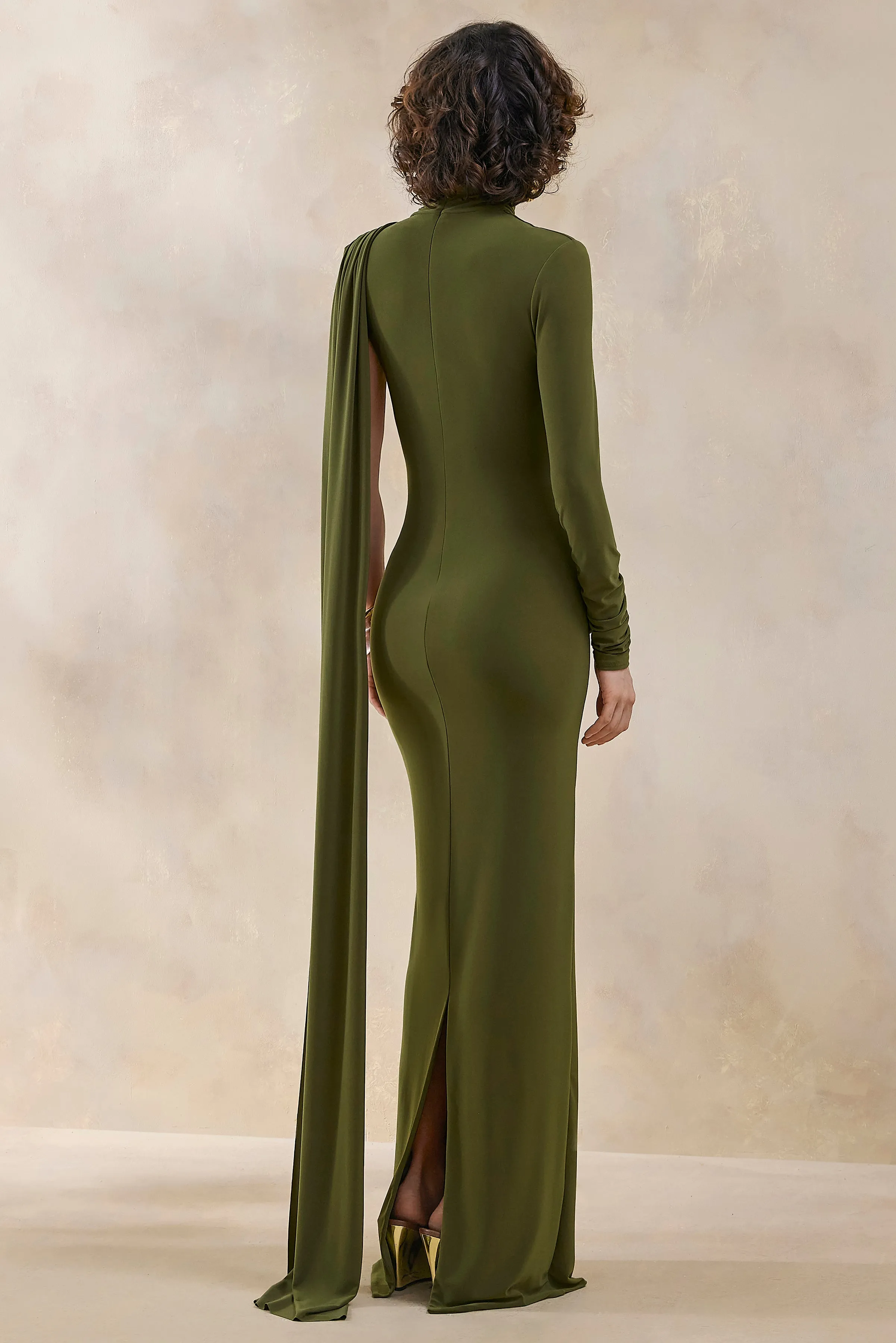 Oliria | Olive High-Neck Maxi Dress With One-Long Sleeve And Sash-Detail sold by Club L London product image thumbnail 2