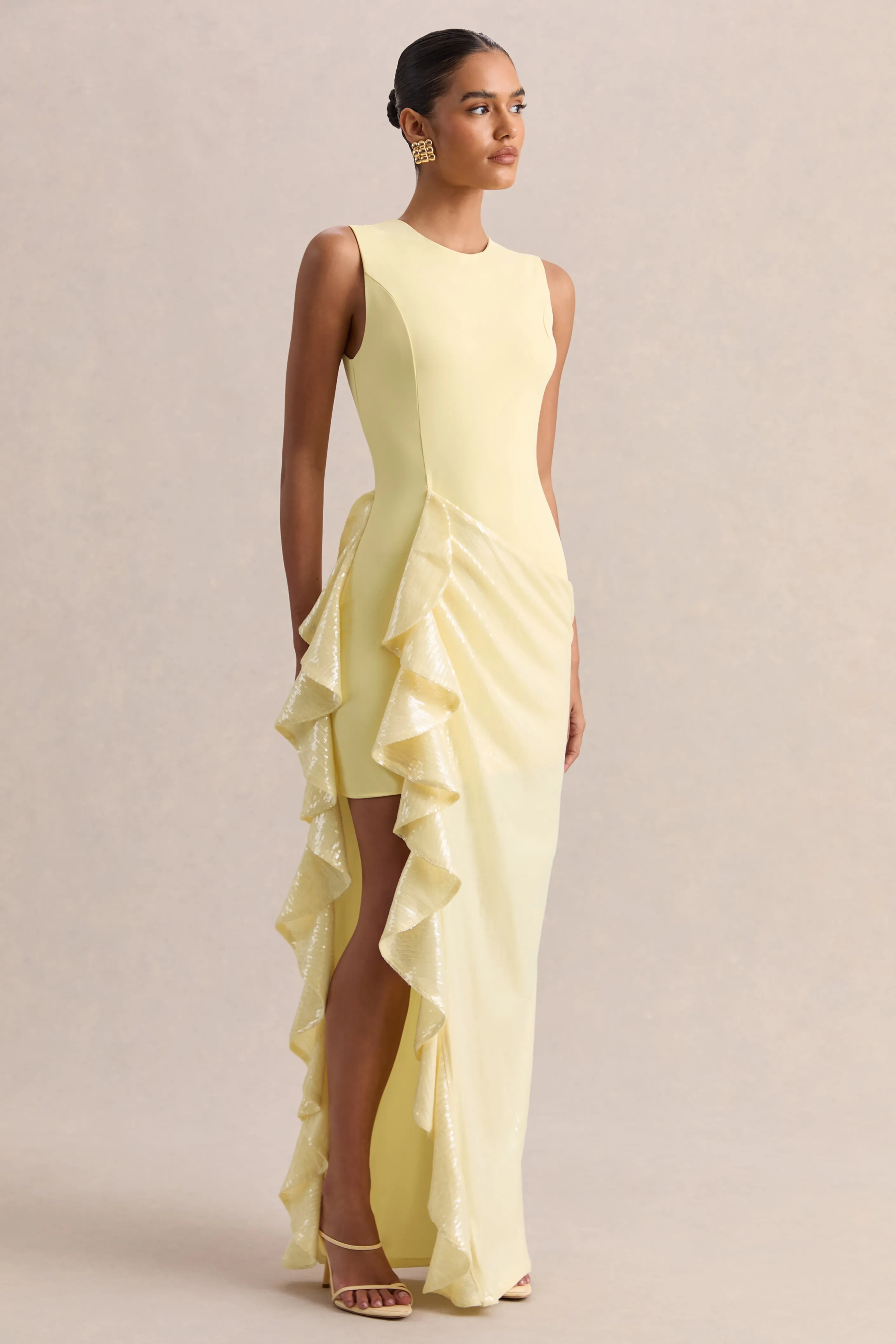 Ada | Lemon Crew-Neck Maxi Dress With Sheer Skirt And Ruffled Detailing sold by Club L London product image thumbnail 4