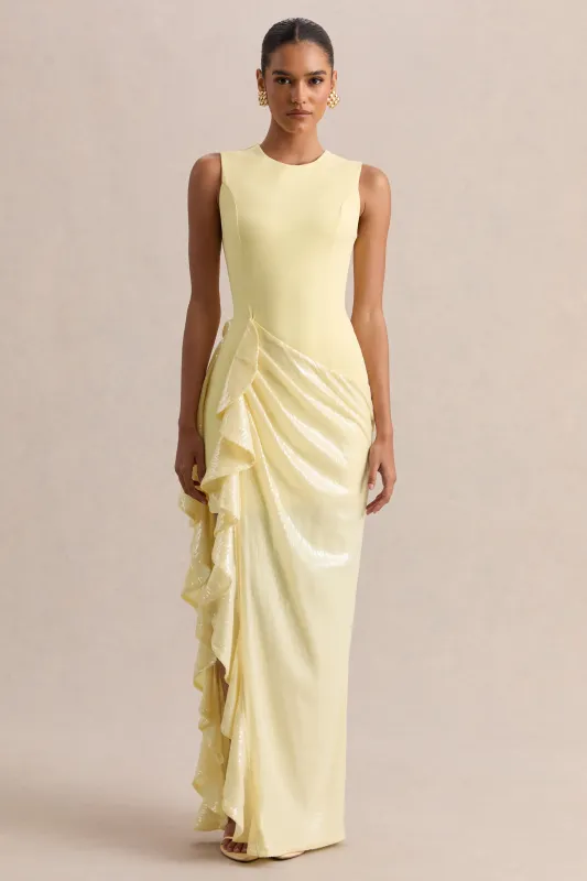 Ada | Lemon Crew-Neck Maxi Dress With Sheer Skirt And Ruffled Detailing made by Club L London