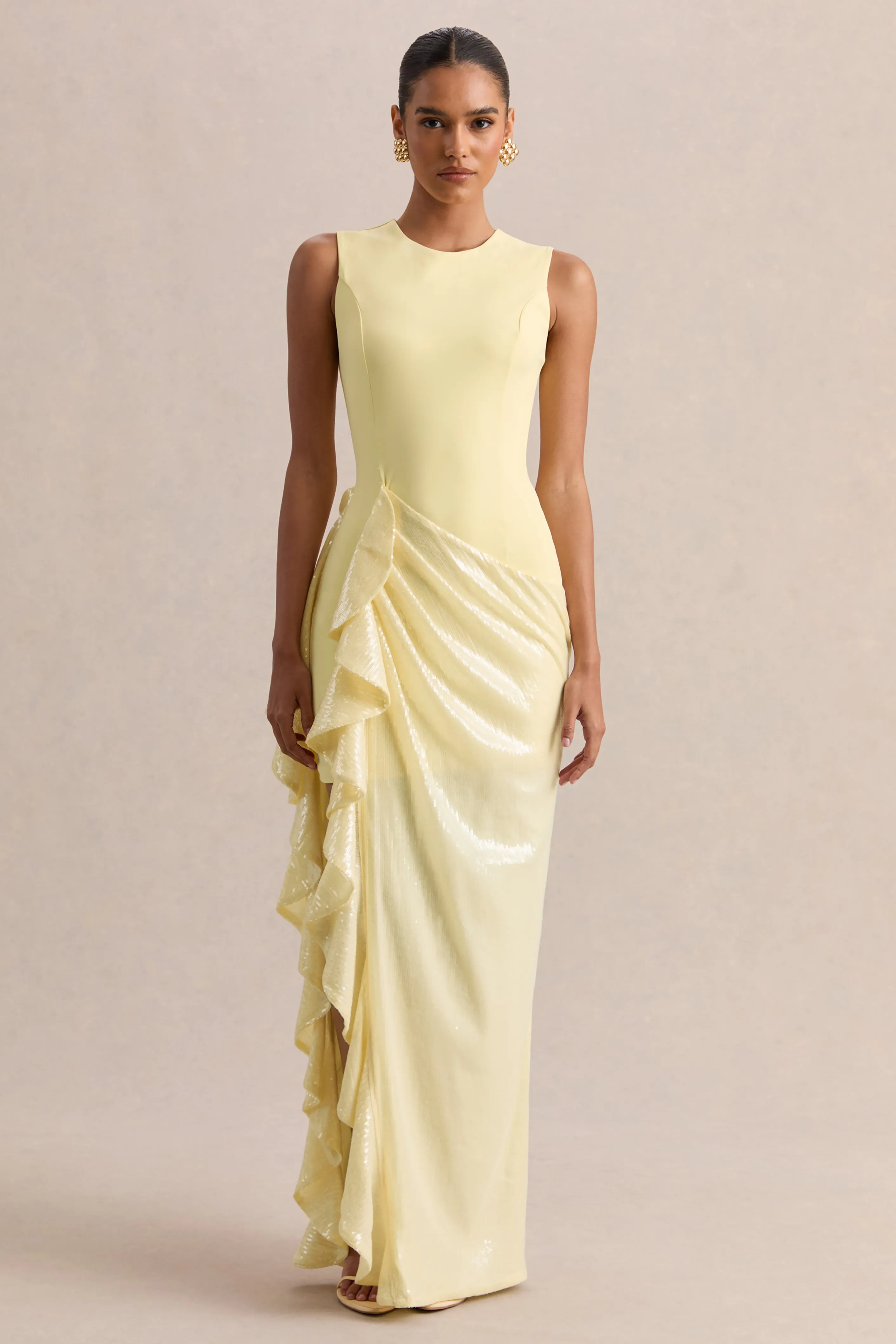 Ada | Lemon Crew-Neck Maxi Dress With Sheer Skirt And Ruffled Detailing sold by Club L London