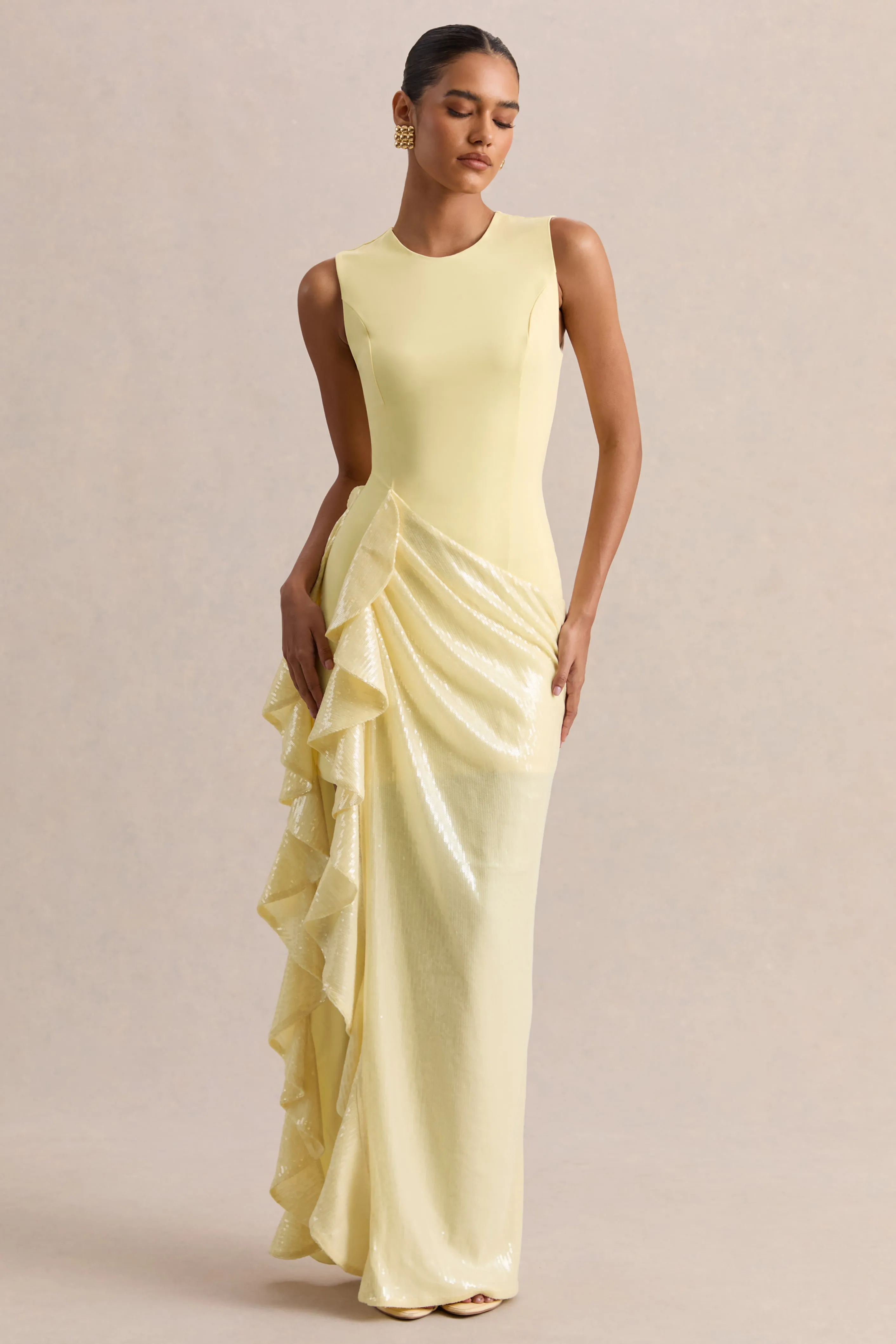 Ada | Lemon Crew-Neck Maxi Dress With Sheer Skirt And Ruffled Detailing sold by Club L London product image thumbnail 5