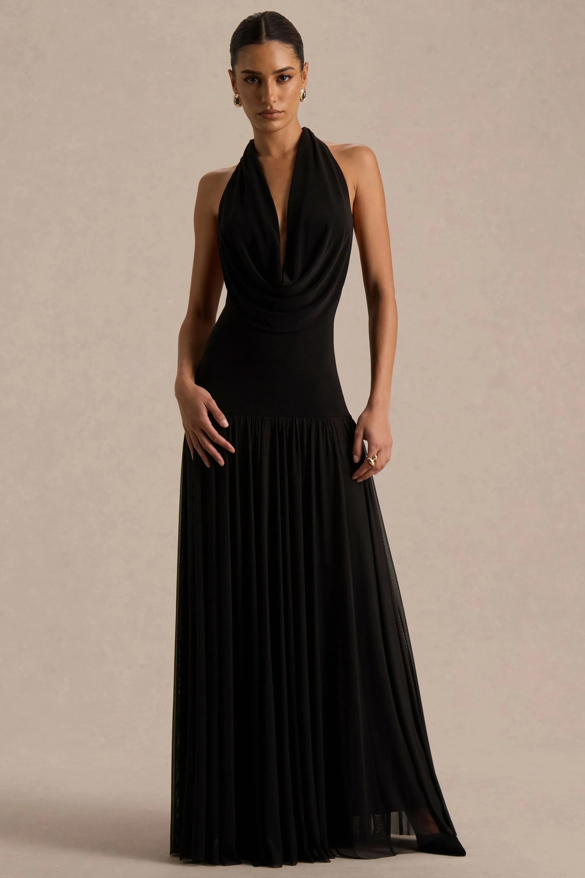 Verity | Black Cowl-Neck Maxi Dress With Sheer-Skirt sold by Club L London