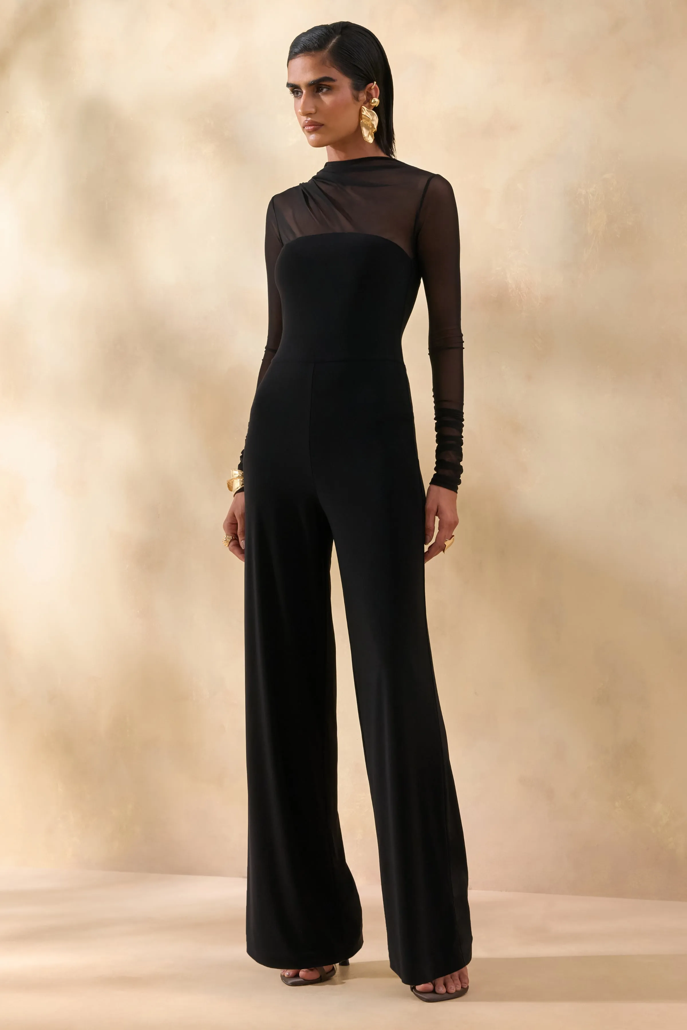 Emeria | Black High-Neck Jumpsuit With Long Mesh-Sleeves sold by Club L London product image thumbnail 4