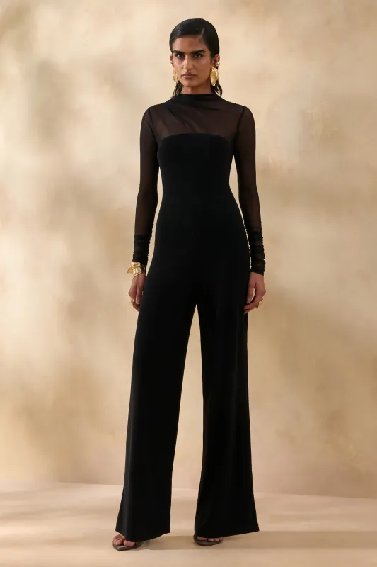 Emeria | Black High-Neck Jumpsuit With Long Mesh-Sleeves sold by Club L London