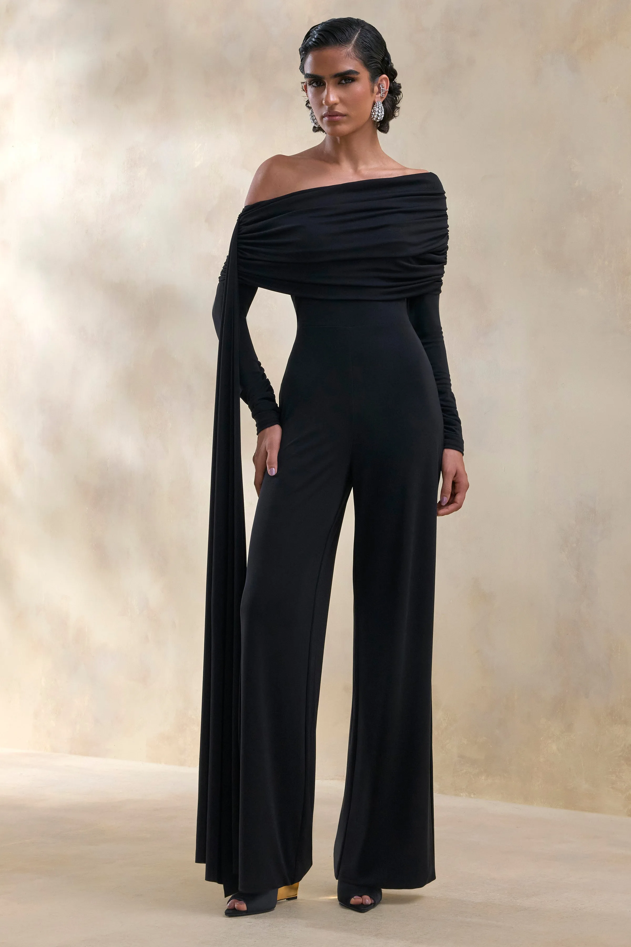 Elova | Black Bardot-Neck Jumpsuit With Sash sold by Club L London product image thumbnail 5
