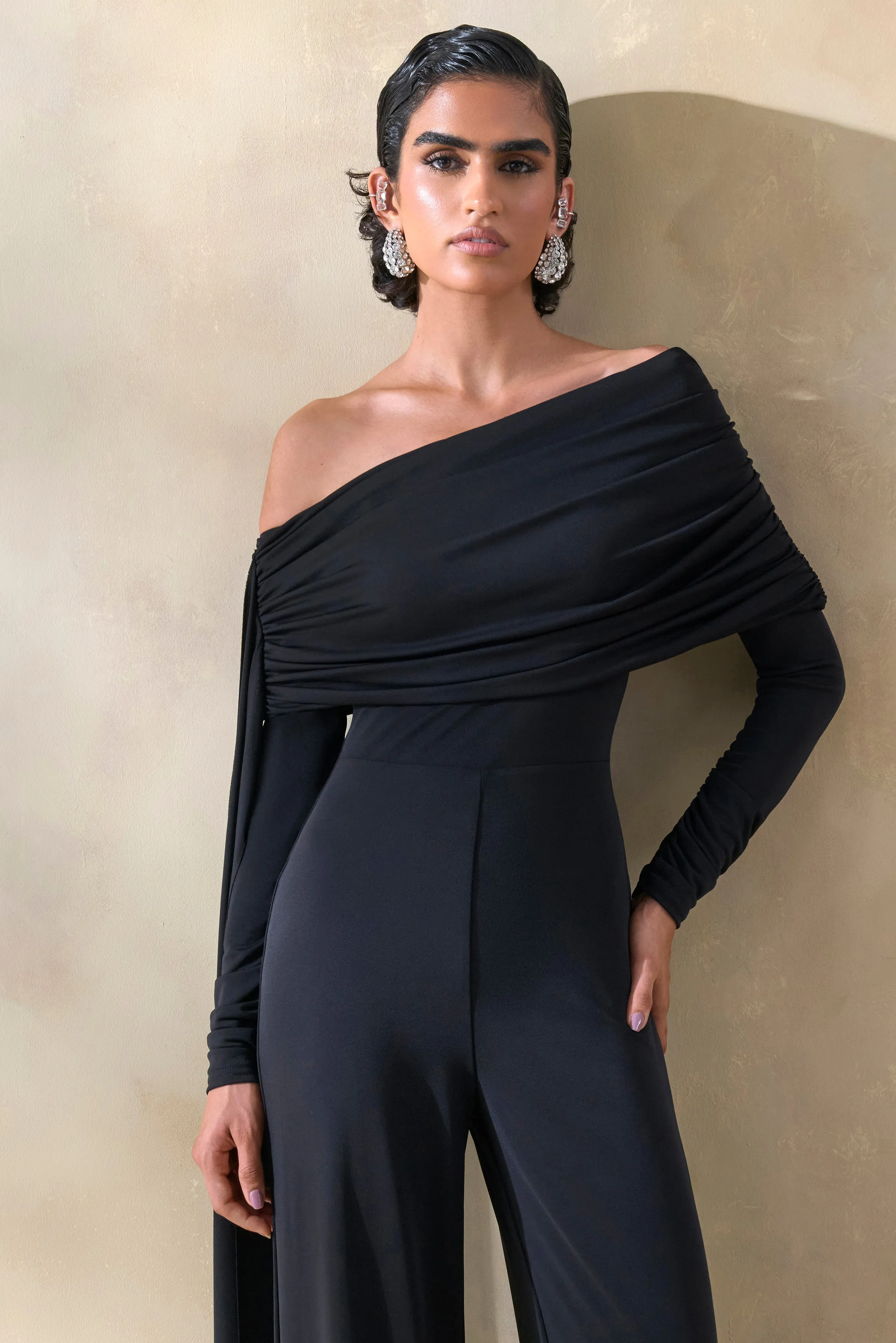 Elova | Black Bardot-Neck Jumpsuit With Sash sold by Club L London product image thumbnail 3