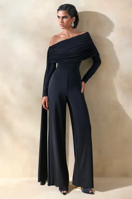 Elova | Black Bardot-Neck Jumpsuit With Sash sold by Club L London