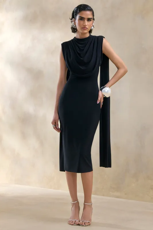 Lysandria | Black High-Neck Midi Dress With Draped-Detailing made by Club L London