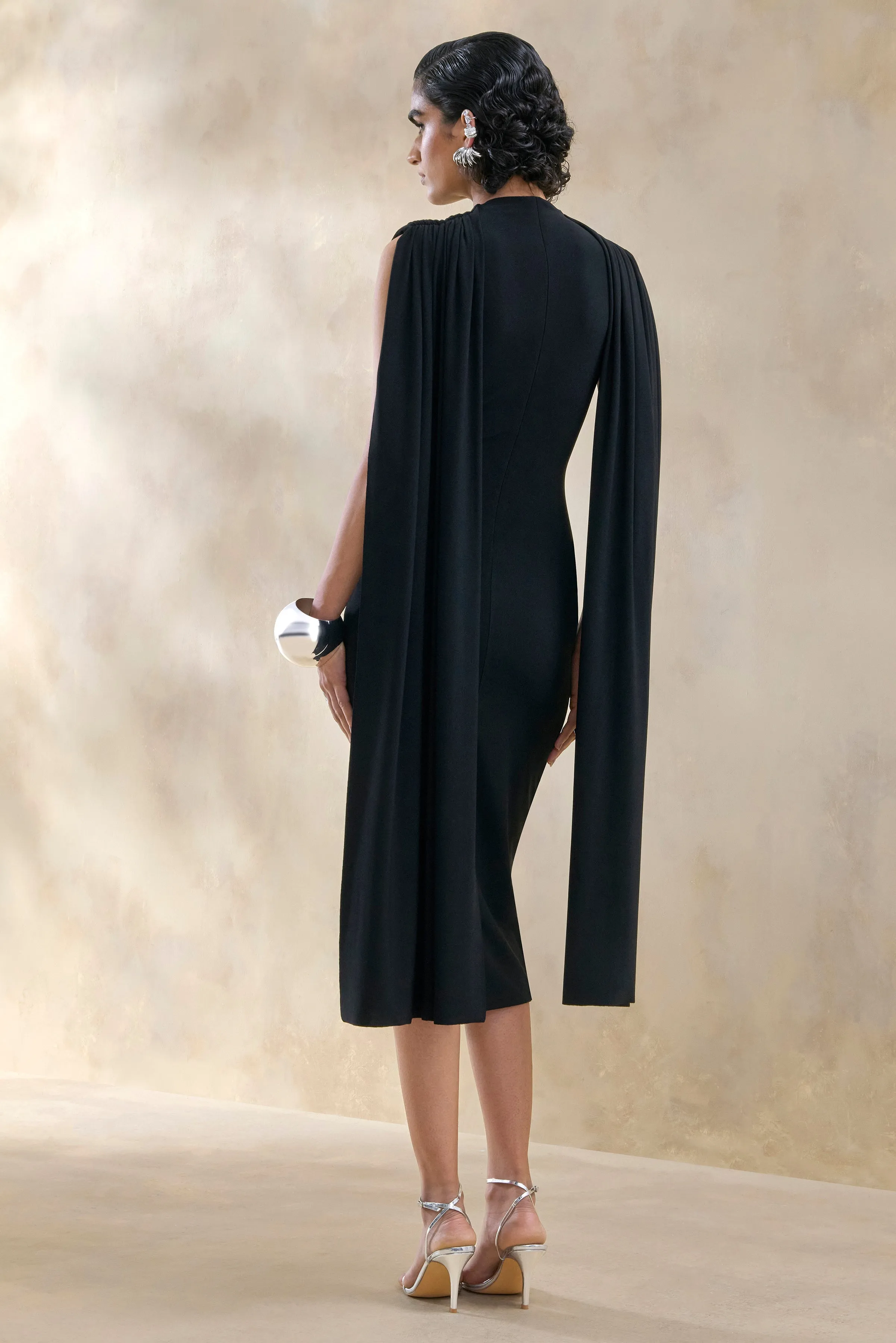 Lysandria | Black High-Neck Midi Dress With Draped-Detailing sold by Club L London product image thumbnail 2