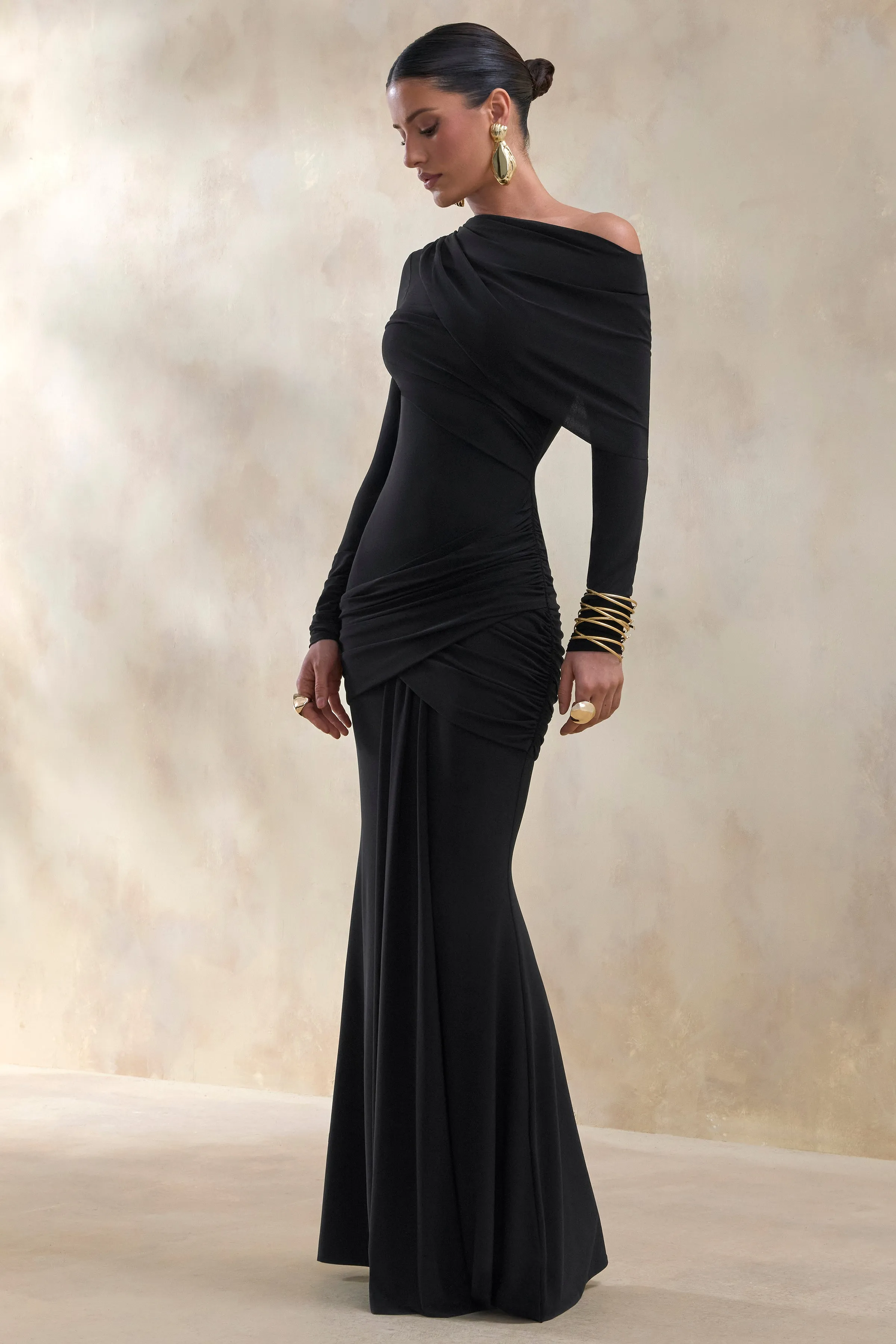Kessara | Black Asymmetric-Neck Maxi Dress With Sash And Gathered-Detailing sold by Club L London product image thumbnail 4