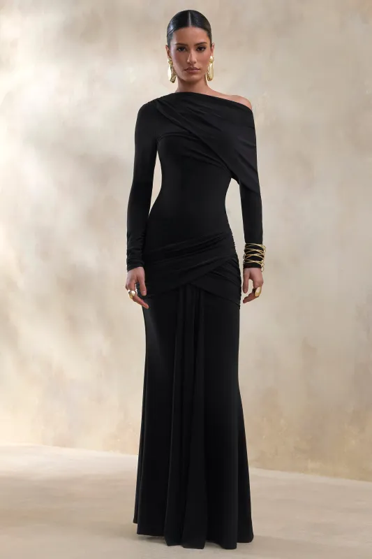 Kessara | Black Asymmetric-Neck Maxi Dress With Sash And Gathered-Detailing sold by Club L London