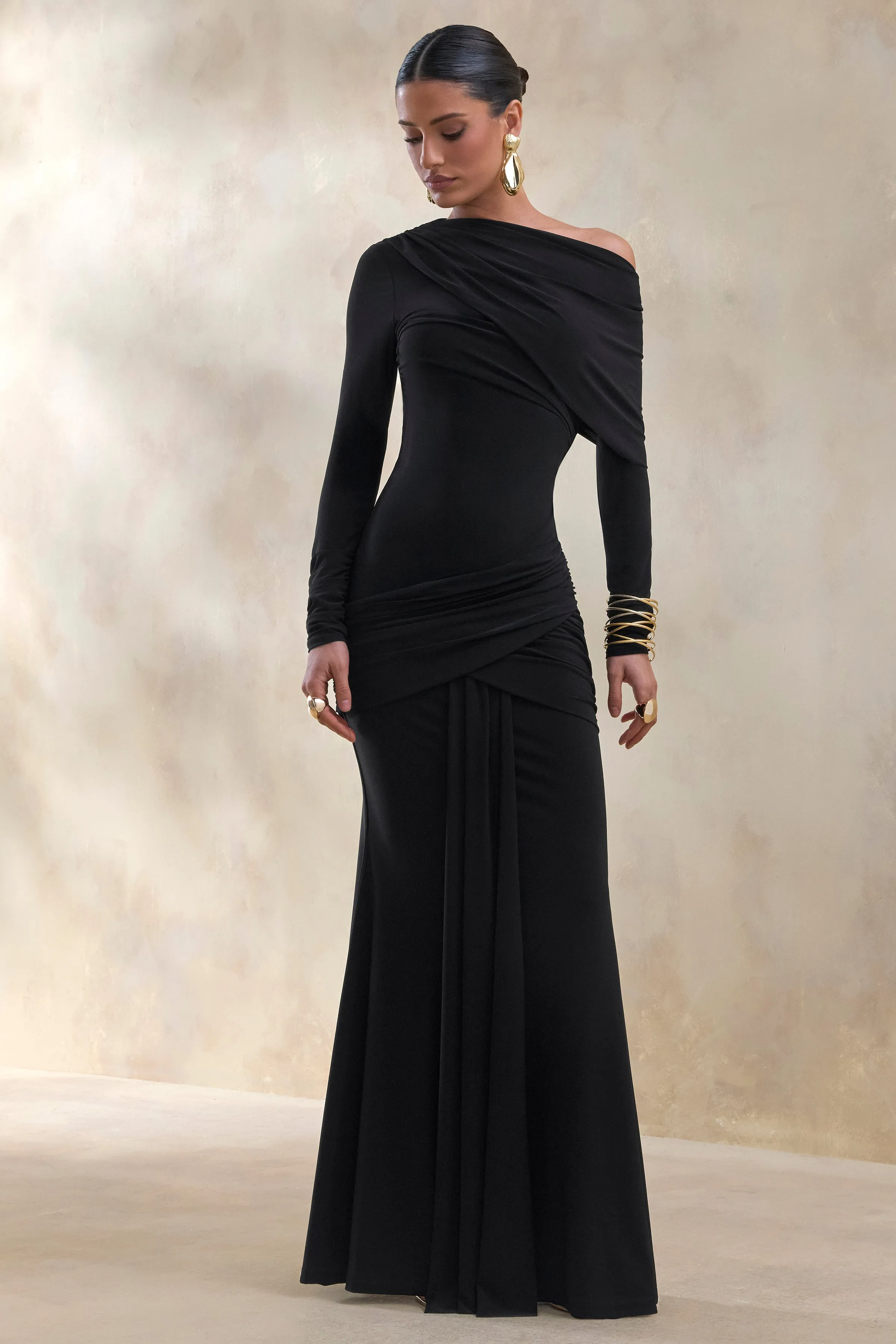 Kessara | Black Asymmetric-Neck Maxi Dress With Sash And Gathered-Detailing sold by Club L London product image thumbnail 5