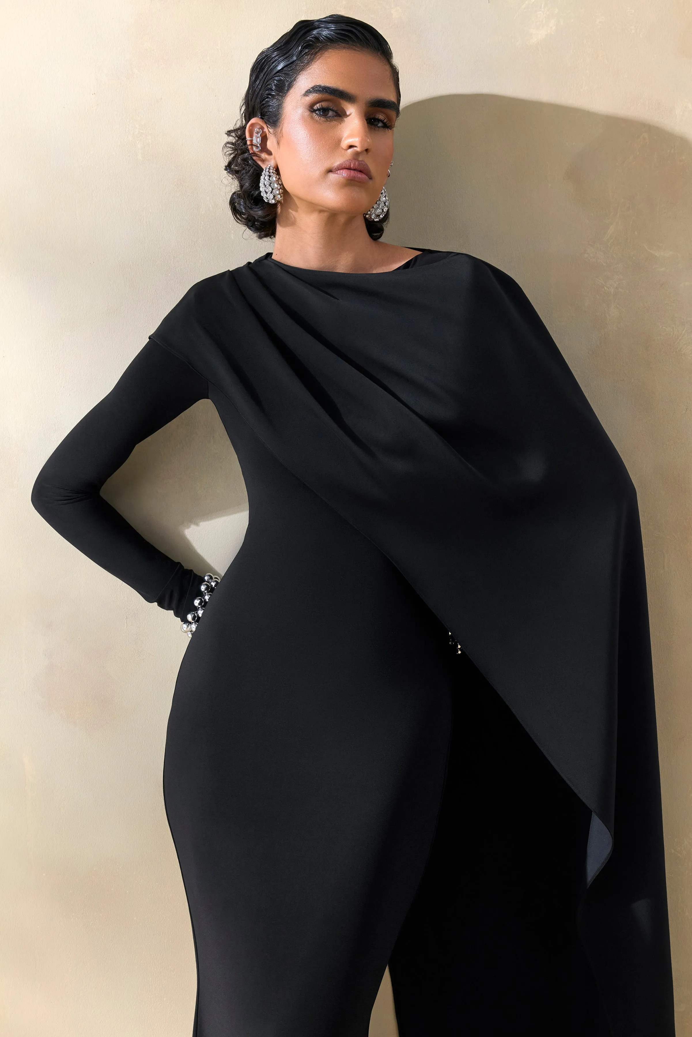 Salenne | Black Round-Neck Maxi Dress With Satin Asymmetric-Cape sold by Club L London product image thumbnail 3